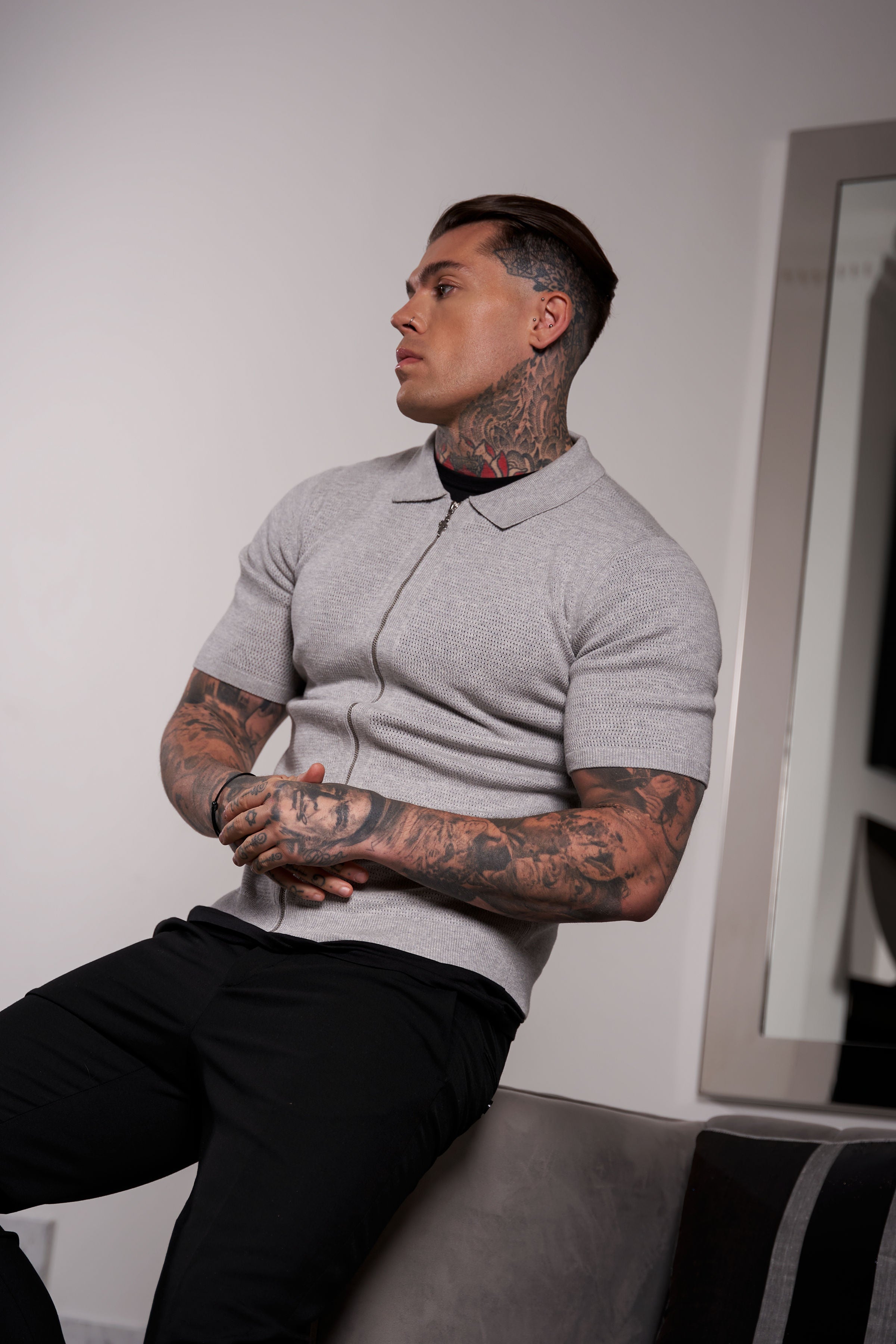 Classic Knitted Textured Design With Full Length Zip Light Grey Short Sleeve - FSN154