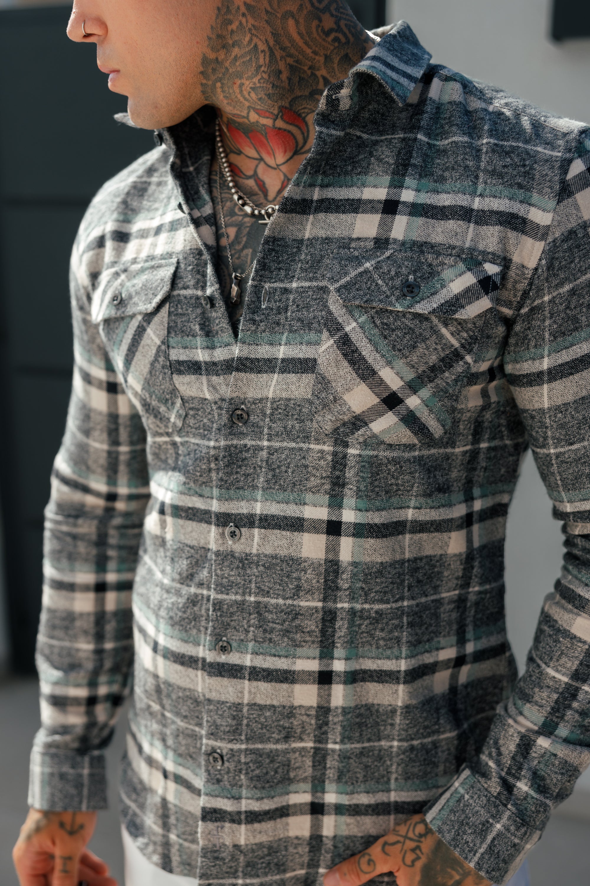 Sage / Grey Check Shacket With Double Pockets - FS1075