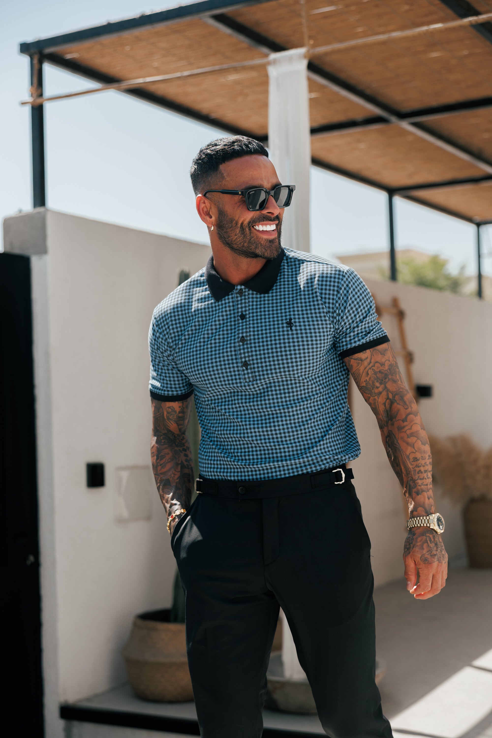 Black / Blue Printed Check Polo Shirt - FSH1262