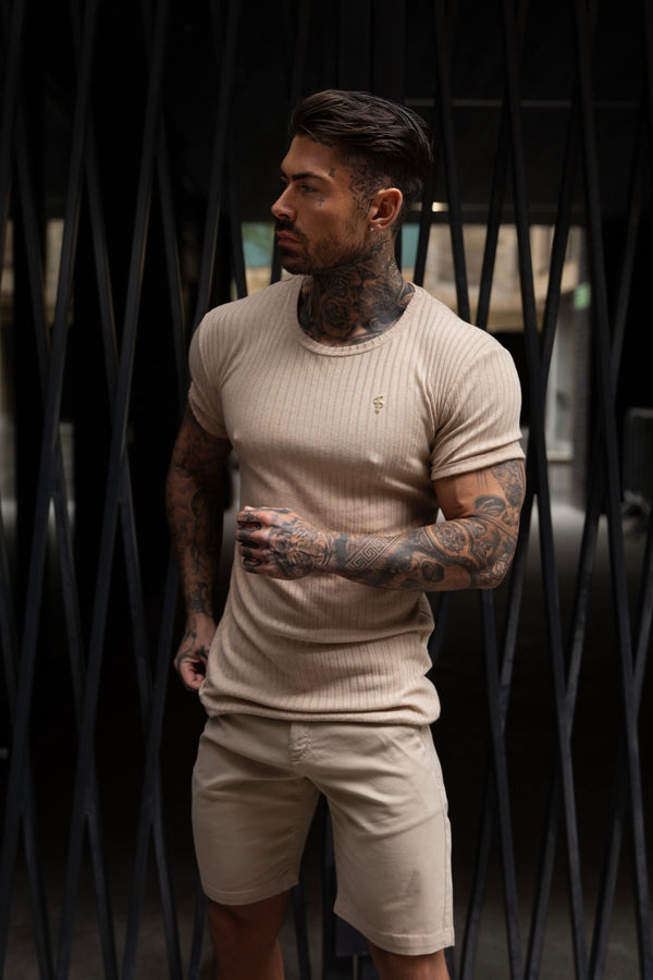 Father Sons Classic Beige / Gold Ribbed Knit Super Slim Short Sleeve Crew - FSH1088 (PRE ORDER 17TH MAY)