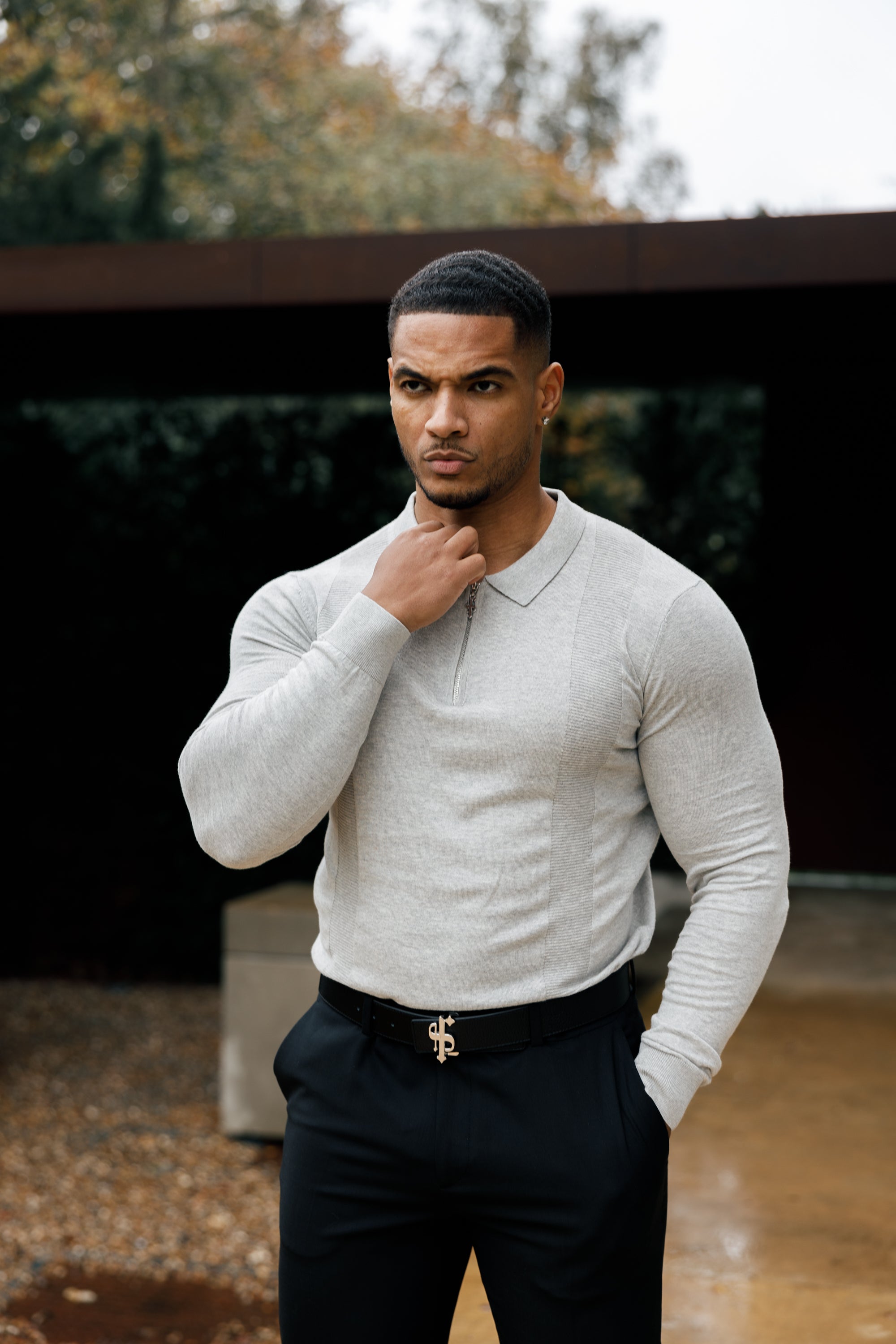 Classic Grey Marl and Silver Zip Knitted Polo Shirt Long Sleeve - FSN127