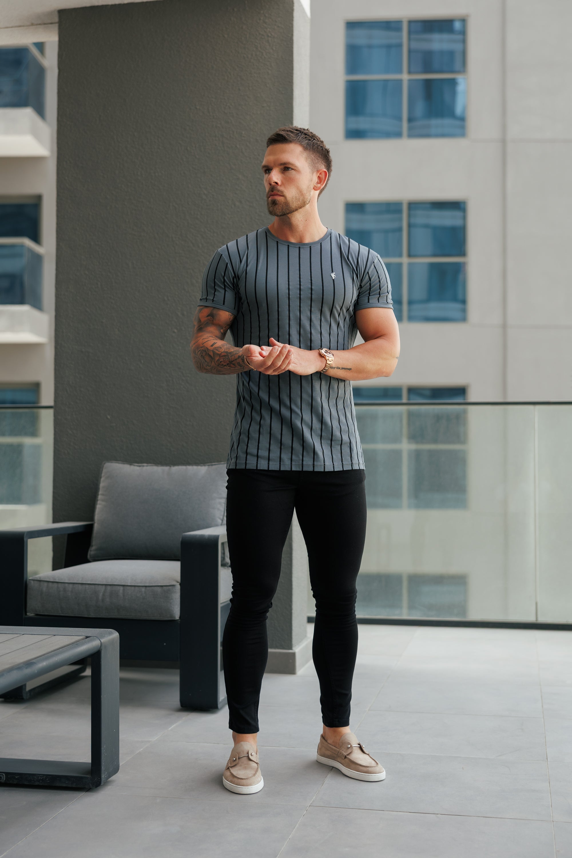 Printed Charcoal / Black Stripe Fitted T Shirt - FSH1375
