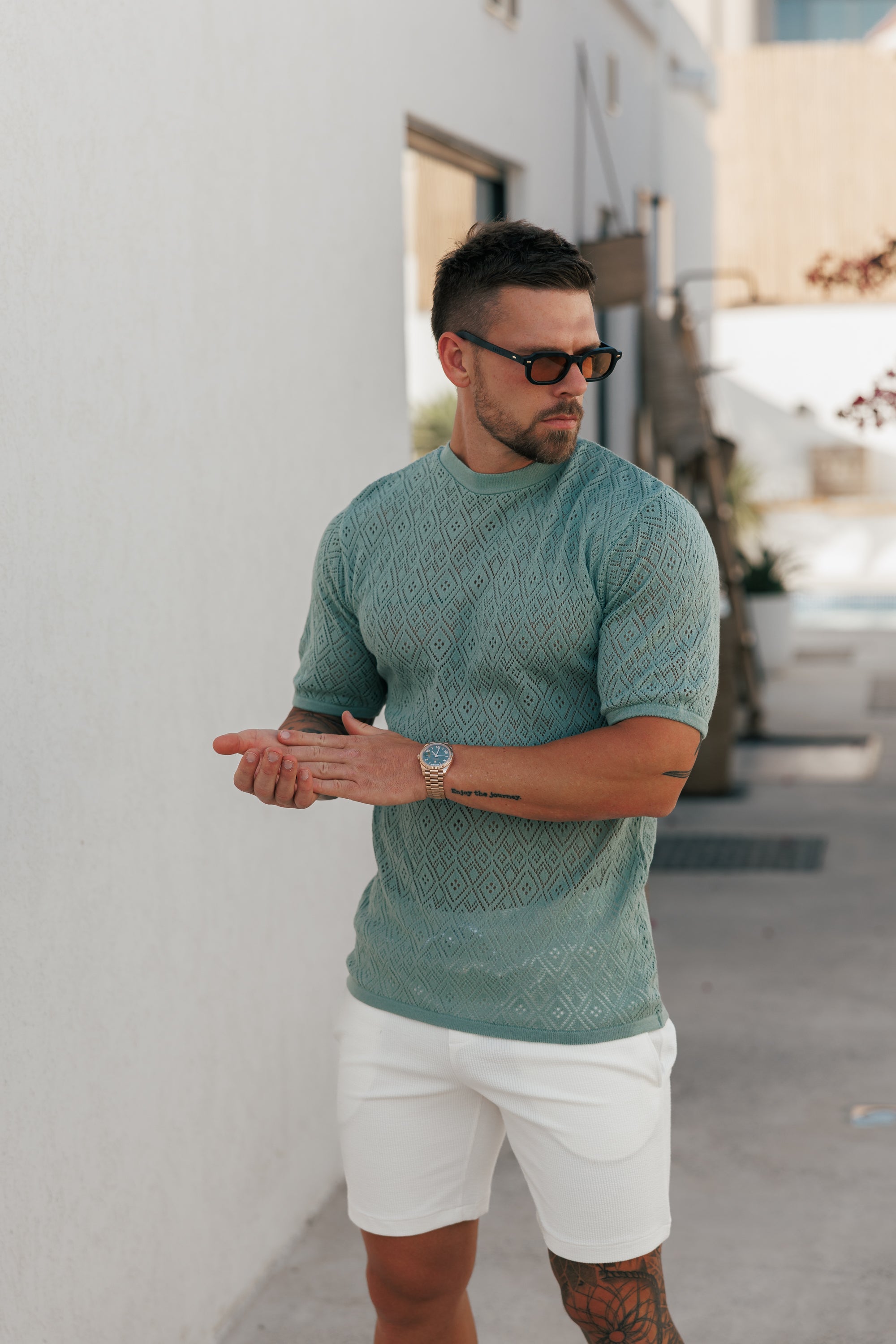 Crochet Crew T-Shirt Light Green Short Sleeve - FSJ091