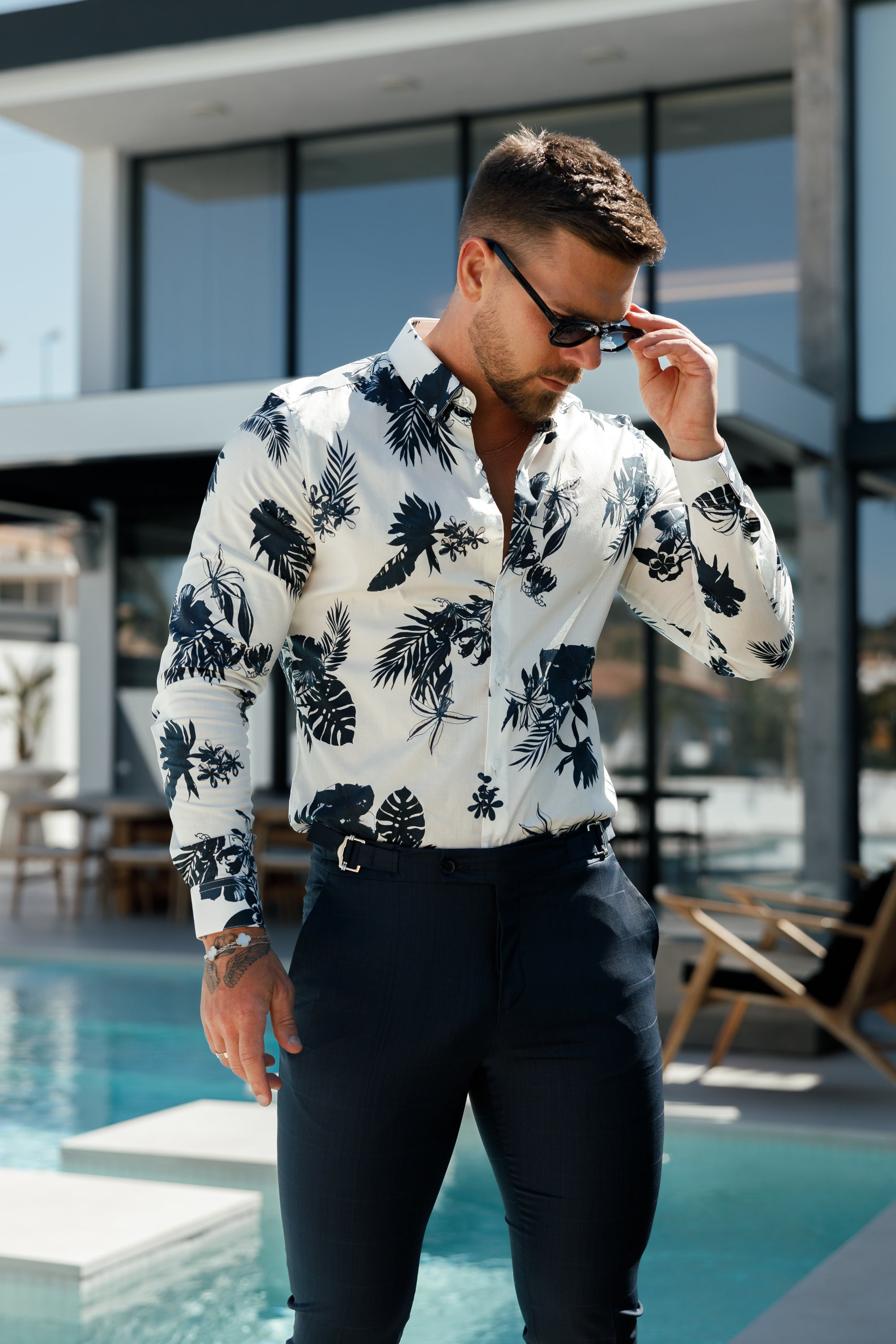 Slim Formal Navy Self Check Stretch Trousers with Side Adjusters - FST030