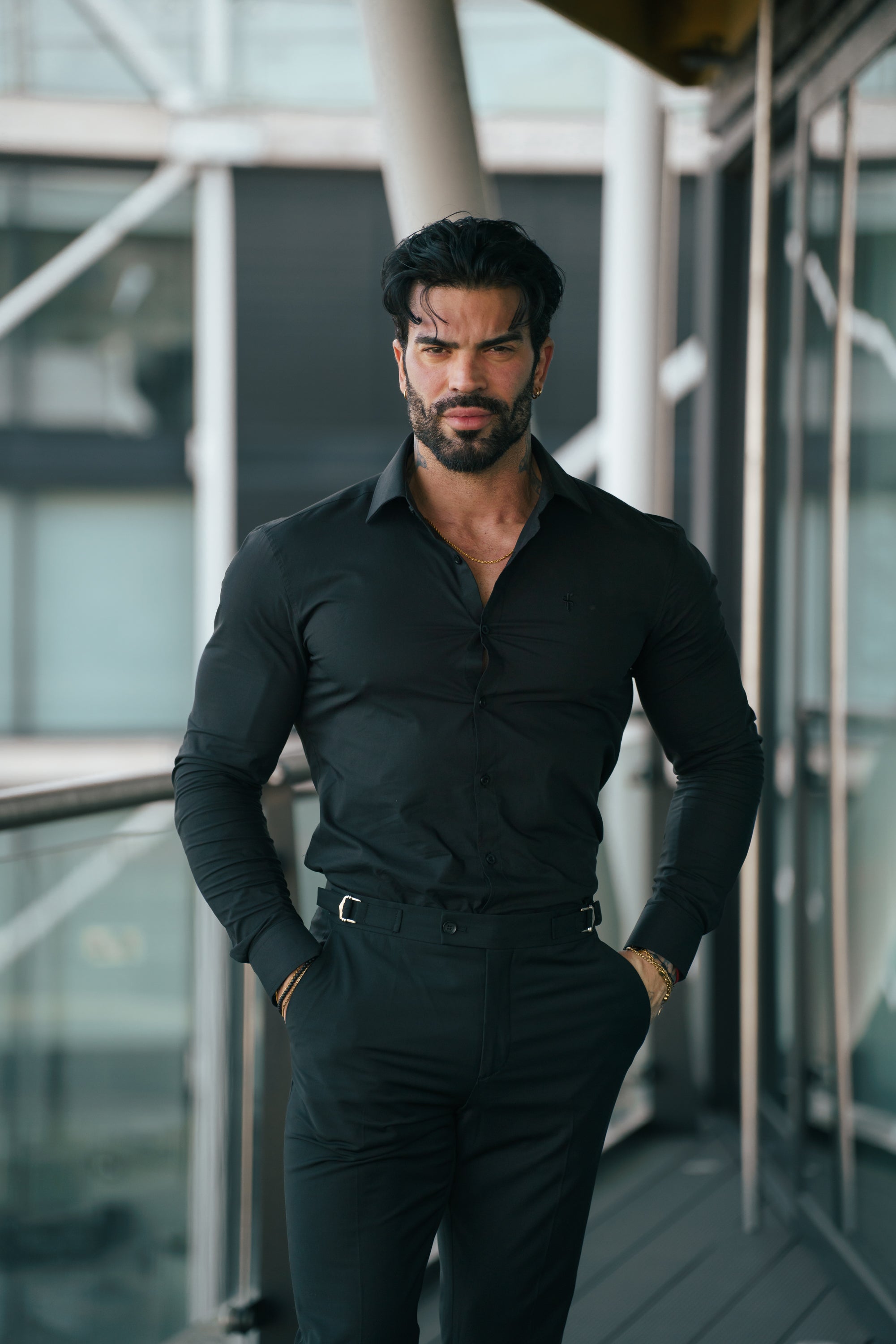 Muscle Fit Advanced Stretch Black Cutaway Collar Shirt - FS1164