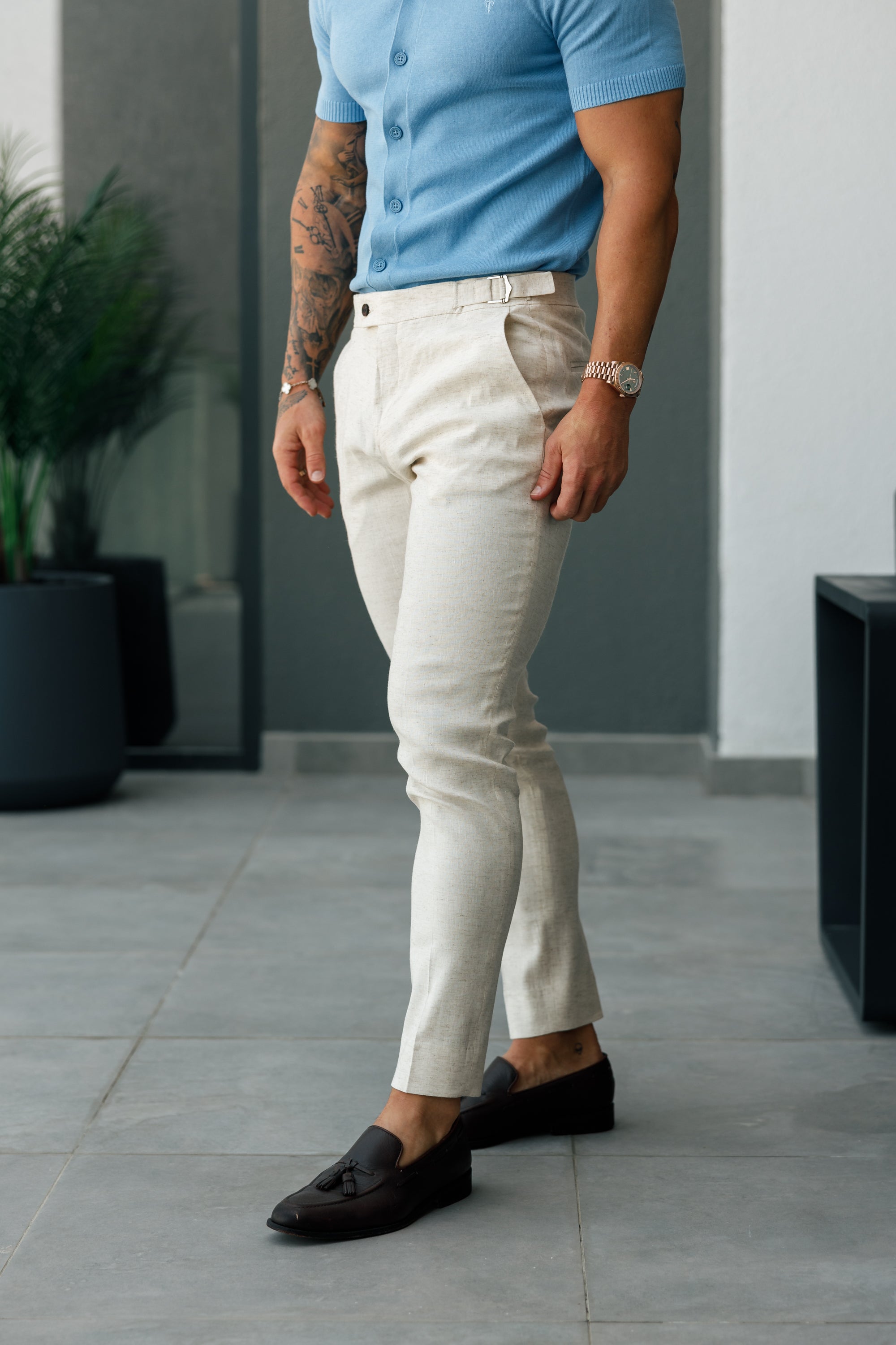 Slim Formal Cream Linen Trousers With Side Adjusters - FST020