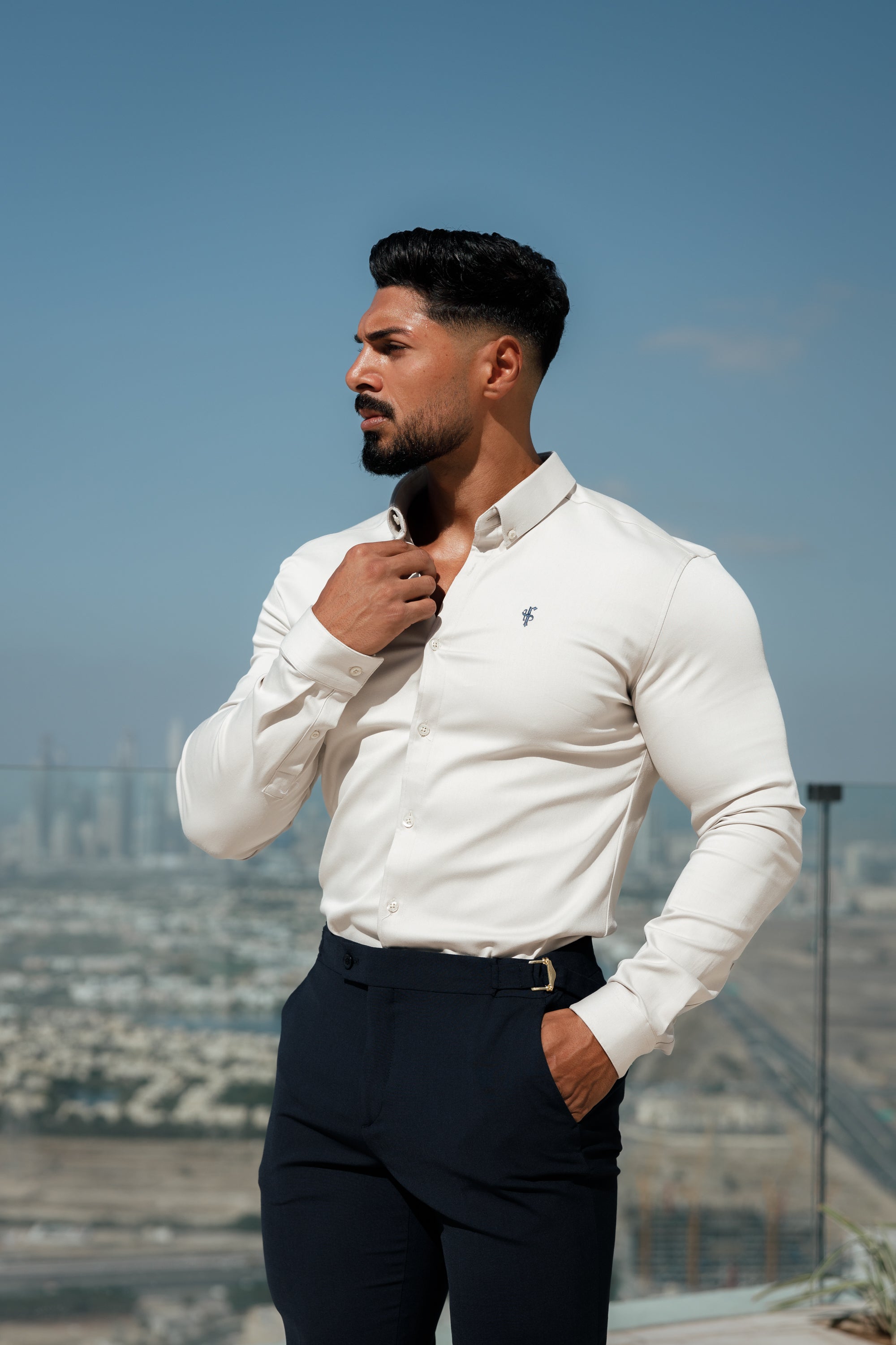 Super Slim Stretch Oatmeal Denim Long Sleeve With Button Down Collar - FS1024