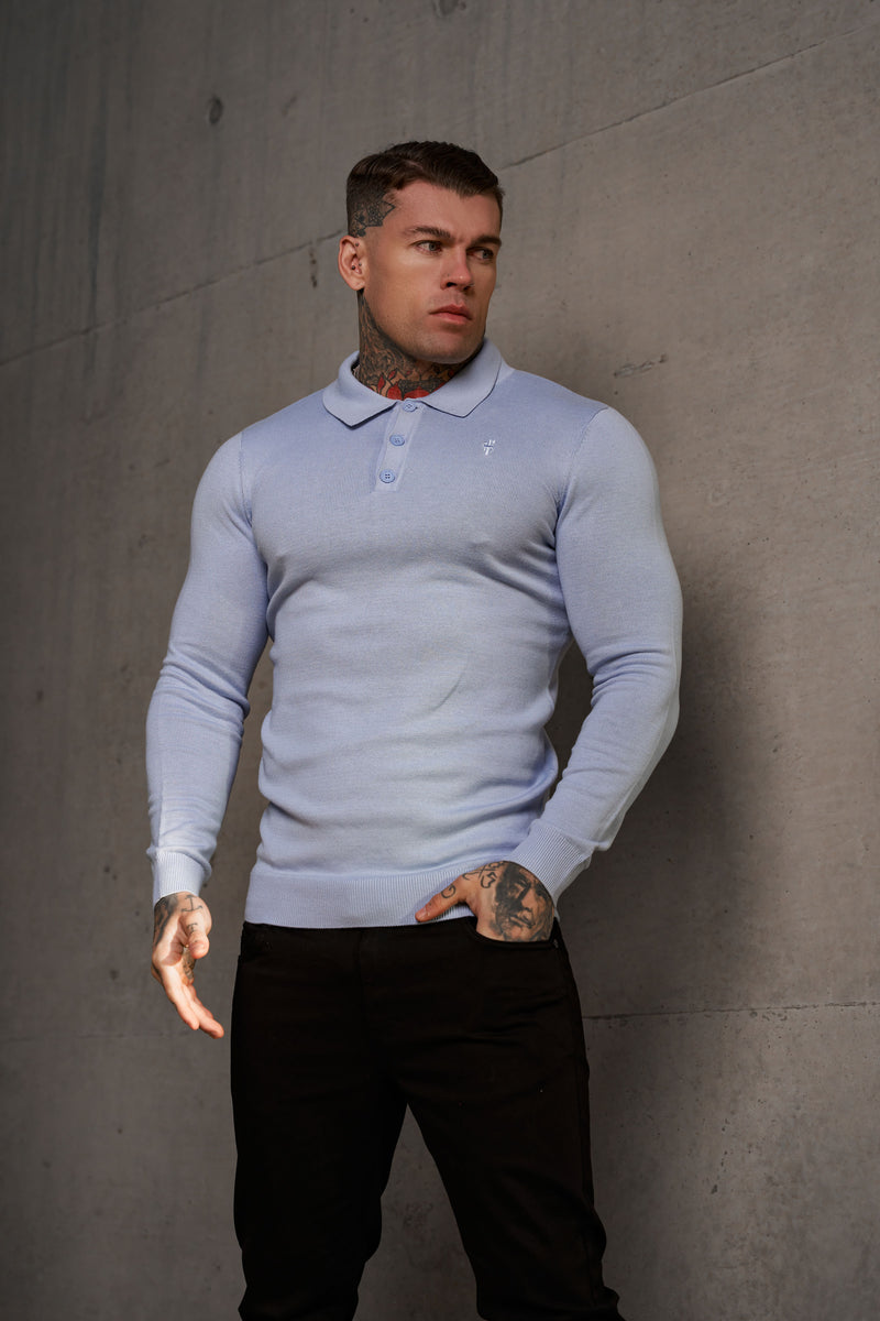 Father Sons Classic Pale Blue Knitted Polo Jumper Long Sleeve With Tonal FS Embroidery- FSN142
