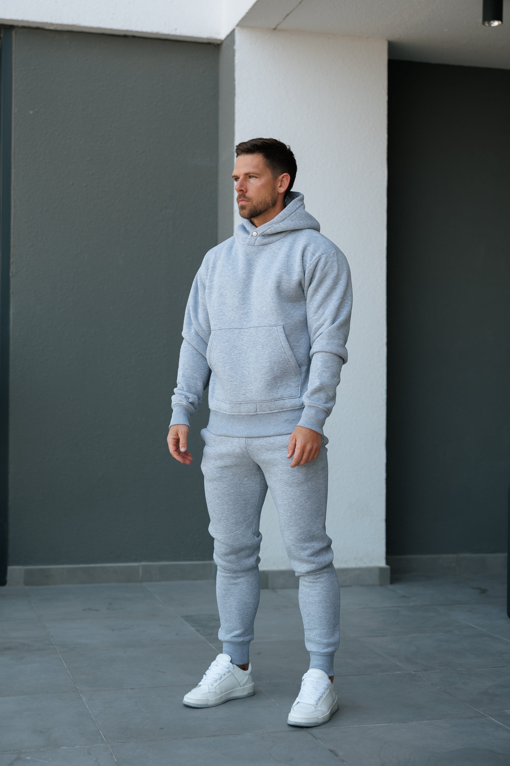 Light Marl Grey Oversized Hoodie With Functional FS Stud - FSR003
