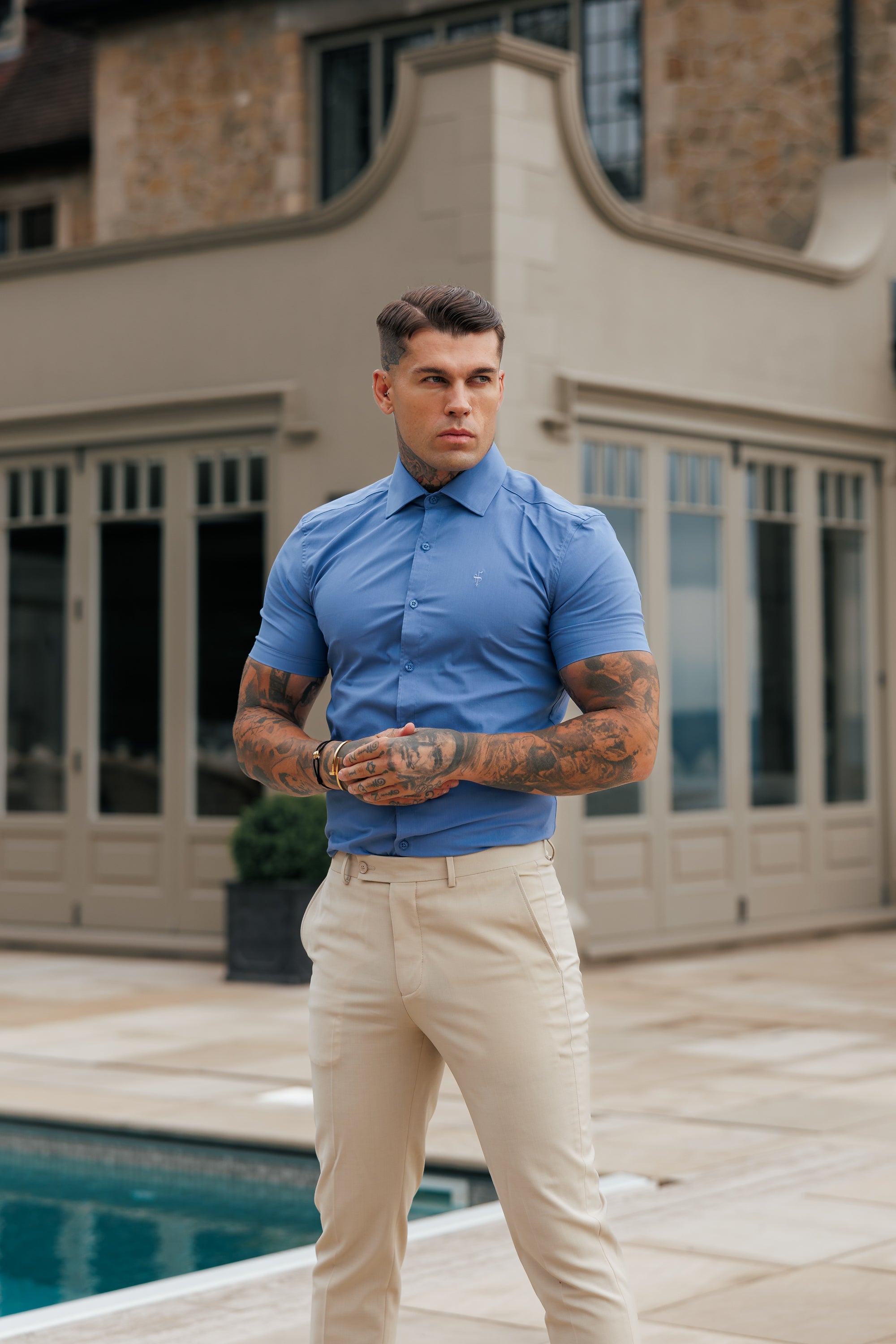 Muscle Fit Advanced Stretch Mid Blue Short Sleeve with Cutaway Collar - FS1203