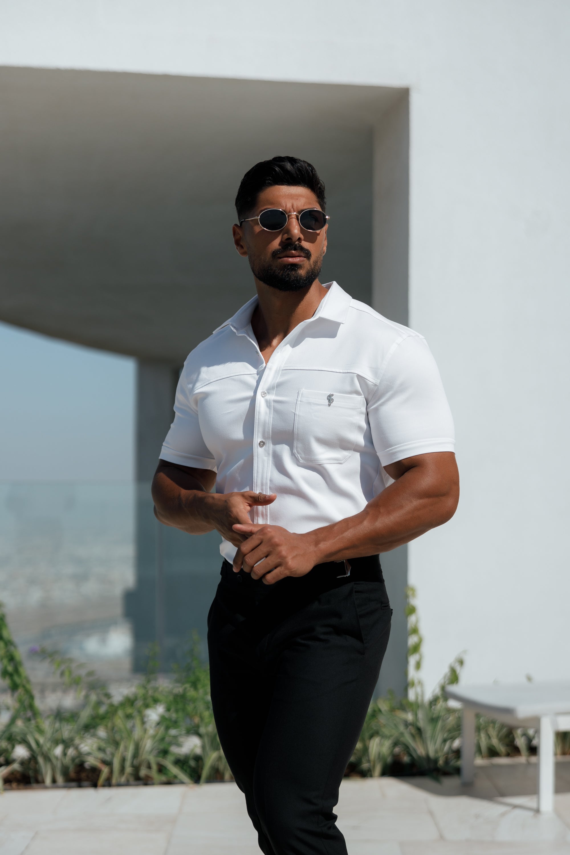 Super Slim Stretch White Denim Short Sleeve with Horizontal Seam and Pocket- FS956