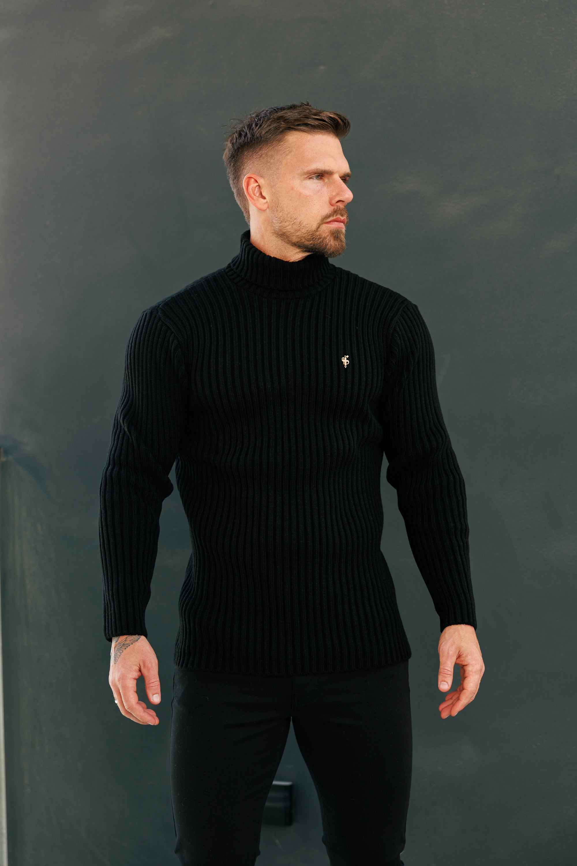 Ribbed Knit Black Roll Neck Jumper - FSJ113