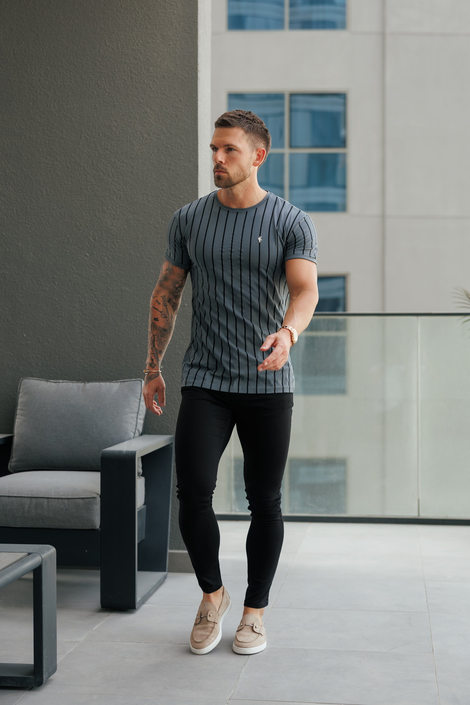 Printed Charcoal / Black Stripe Fitted T Shirt - FSH1375