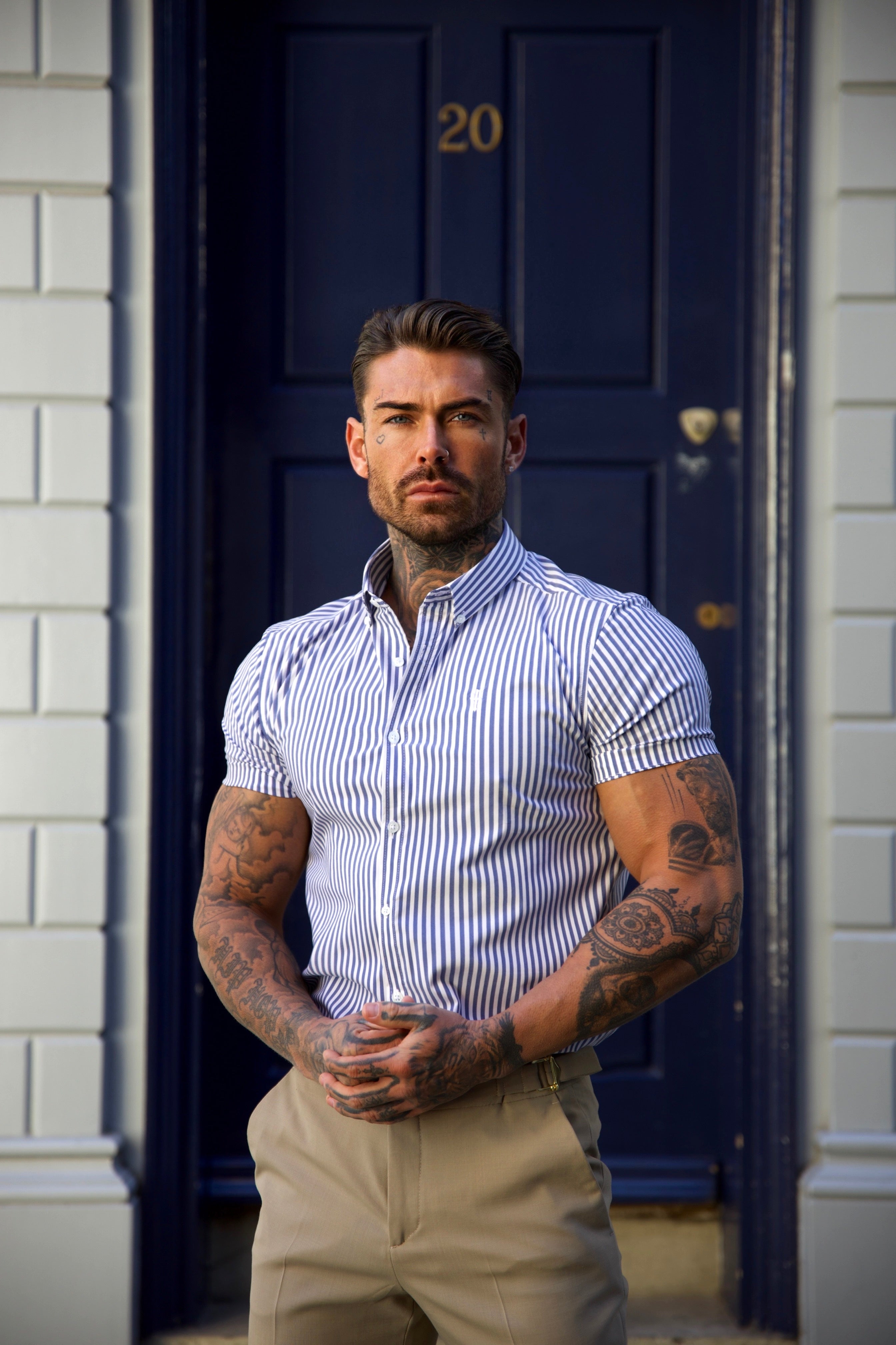 Classic Navy and White Single Woven Stripe Short Sleeve - FS980