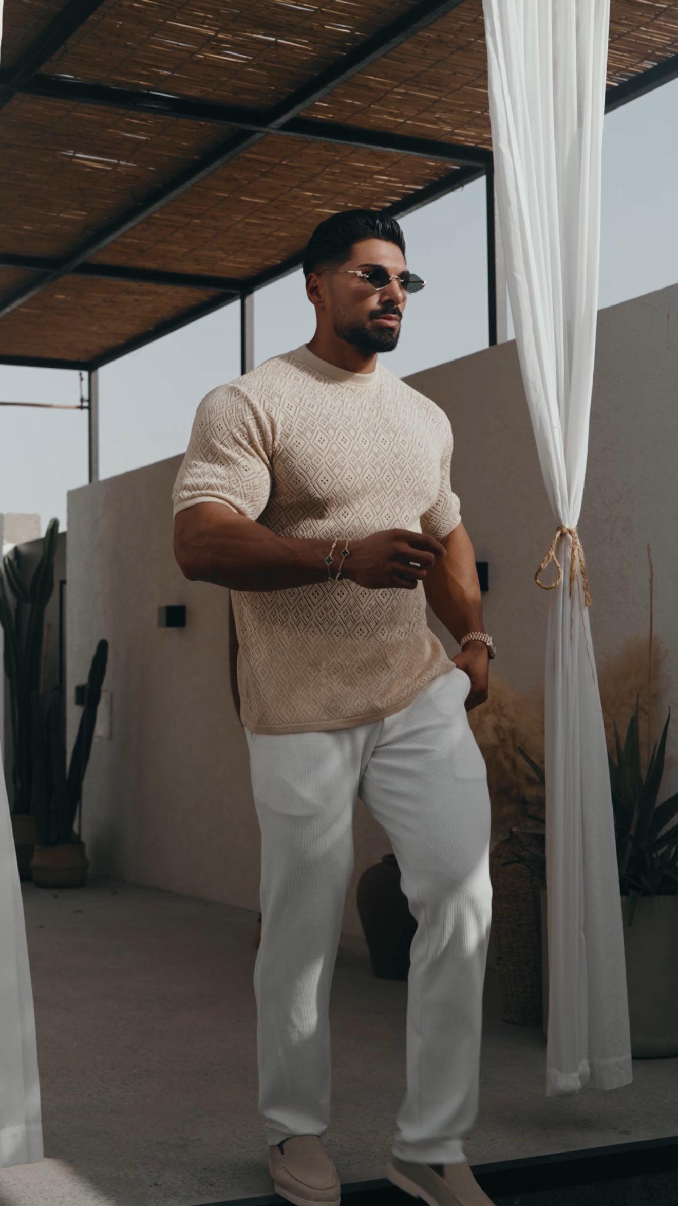 Crochet Crew T-Shirt Honesty Beige Short Sleeve - FSJ087