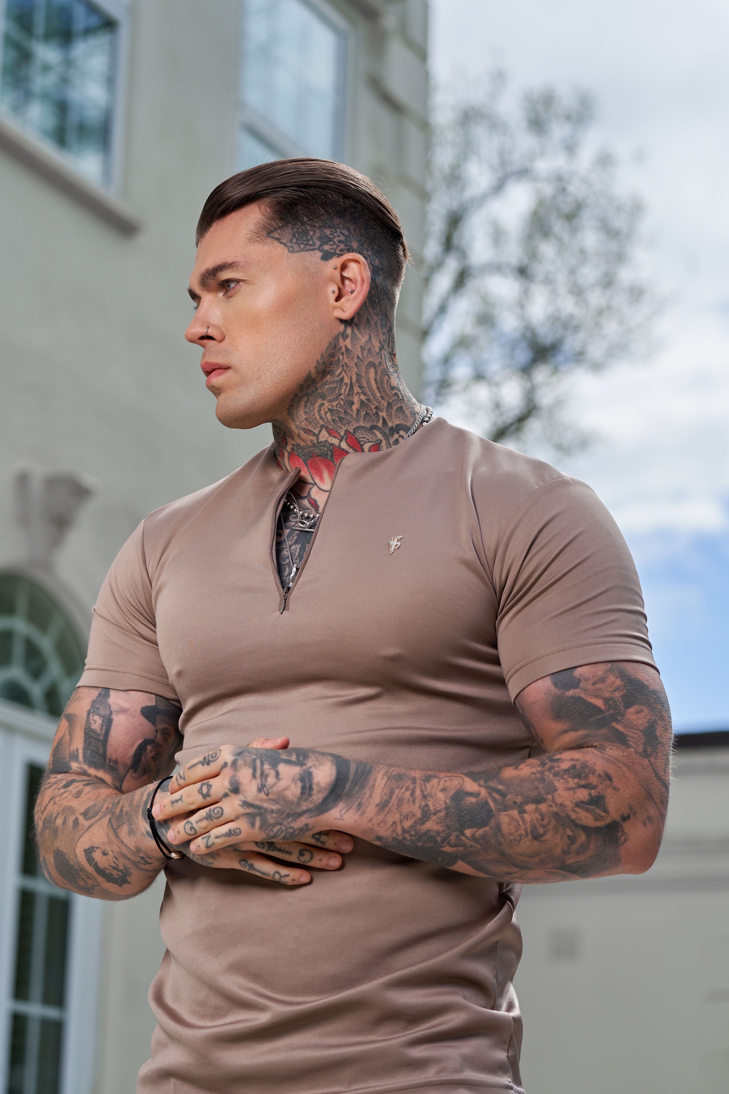 Scuba Taupe / Gold Crew T Shirt With Zip Detail Short Sleeve - FSH1030