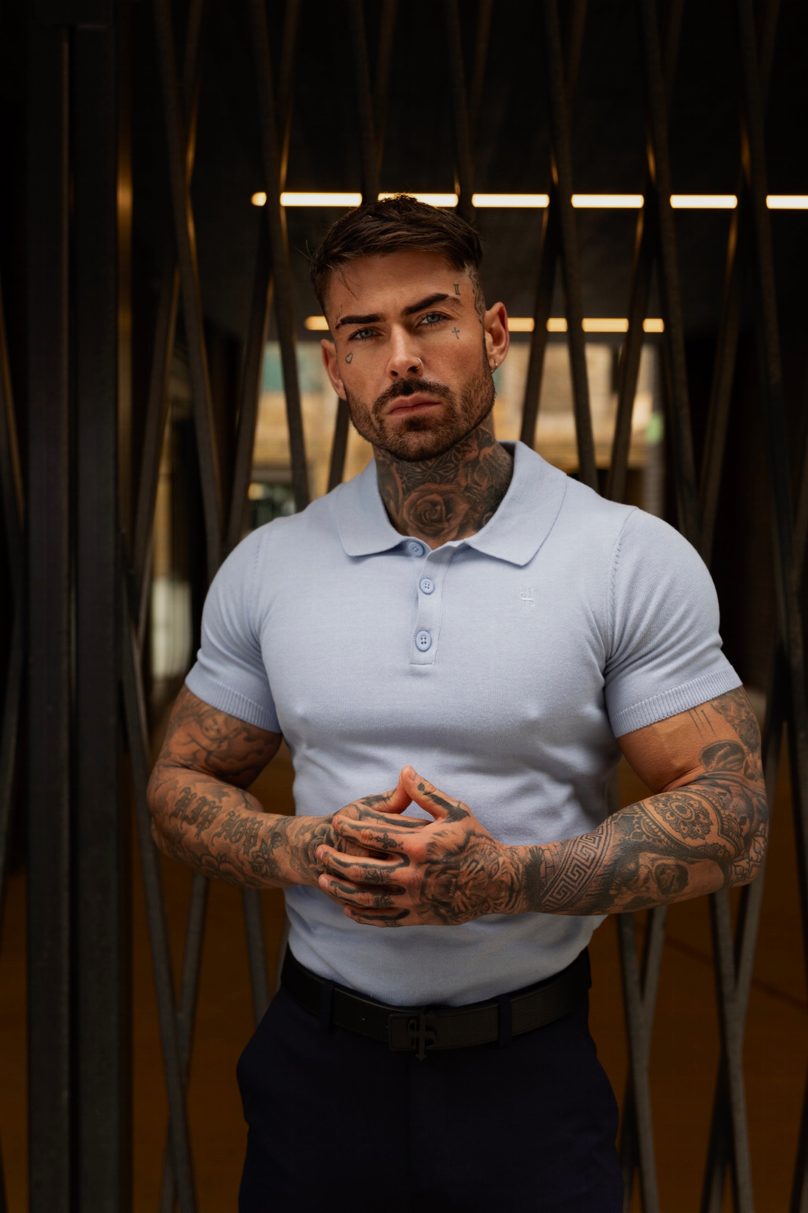 Classic Pale Blue Knitted Polo Jumper Short Sleeve With Tonal FS Embroidery- FSN146