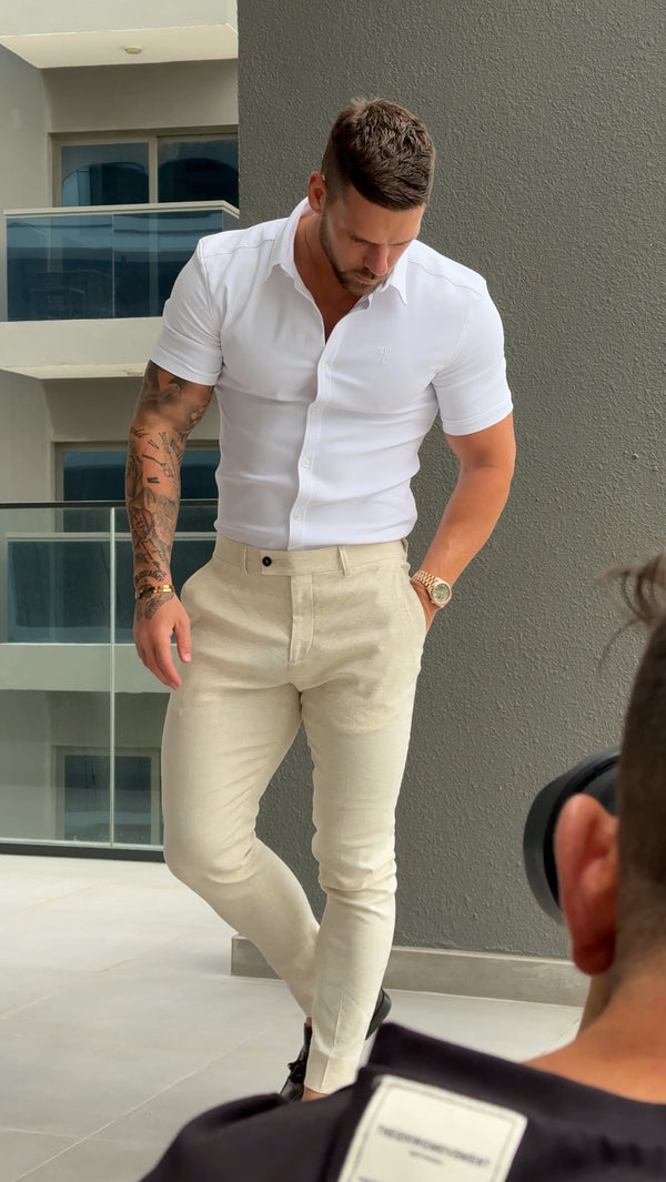 Father Sons Super Slim Scuba White Short Sleeve Stretch with Back Box Pleat and Side Seam Detail - FS943