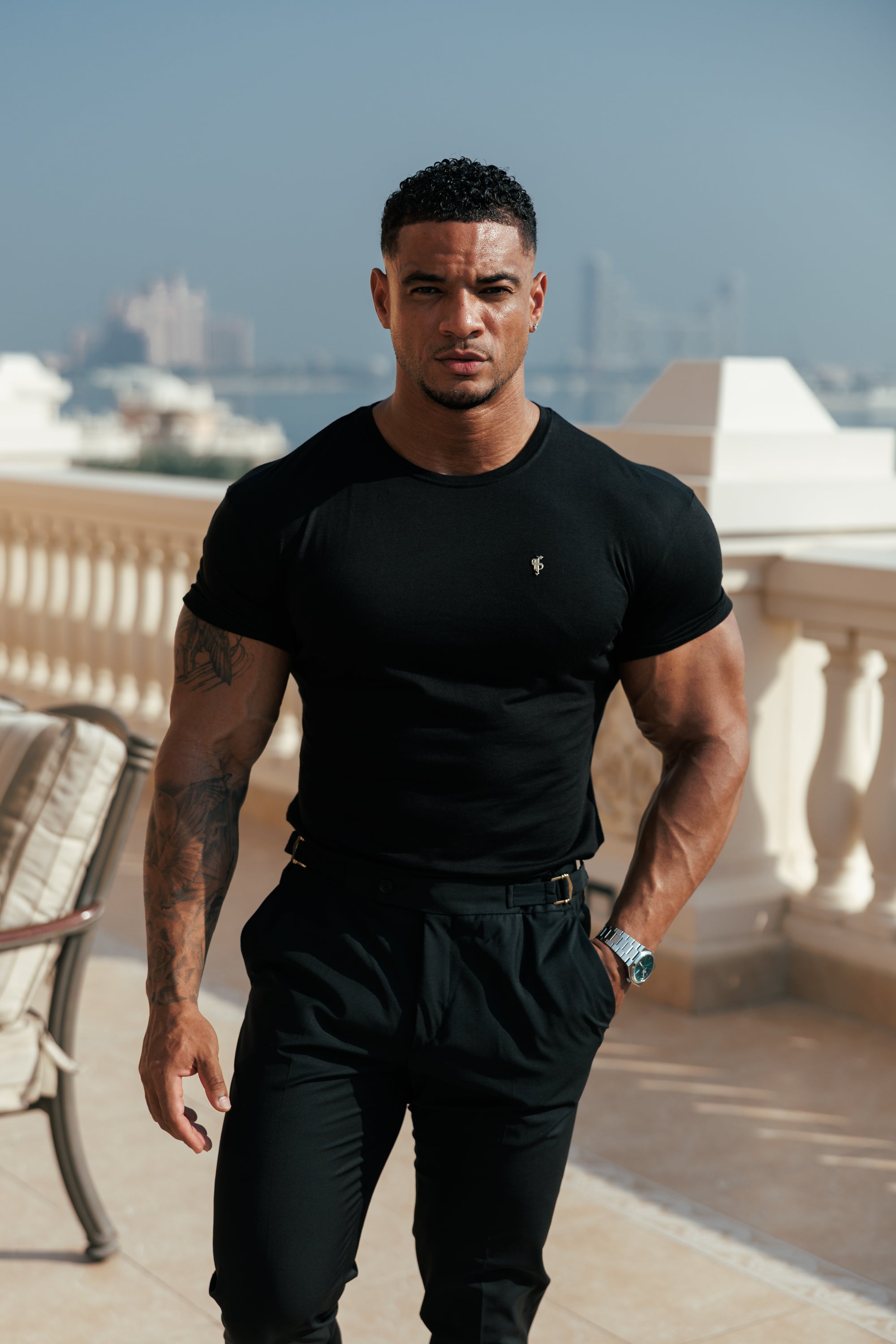 Black Bamboo Crew Tshirt with Gold Metal Emblem Decal FSH1382