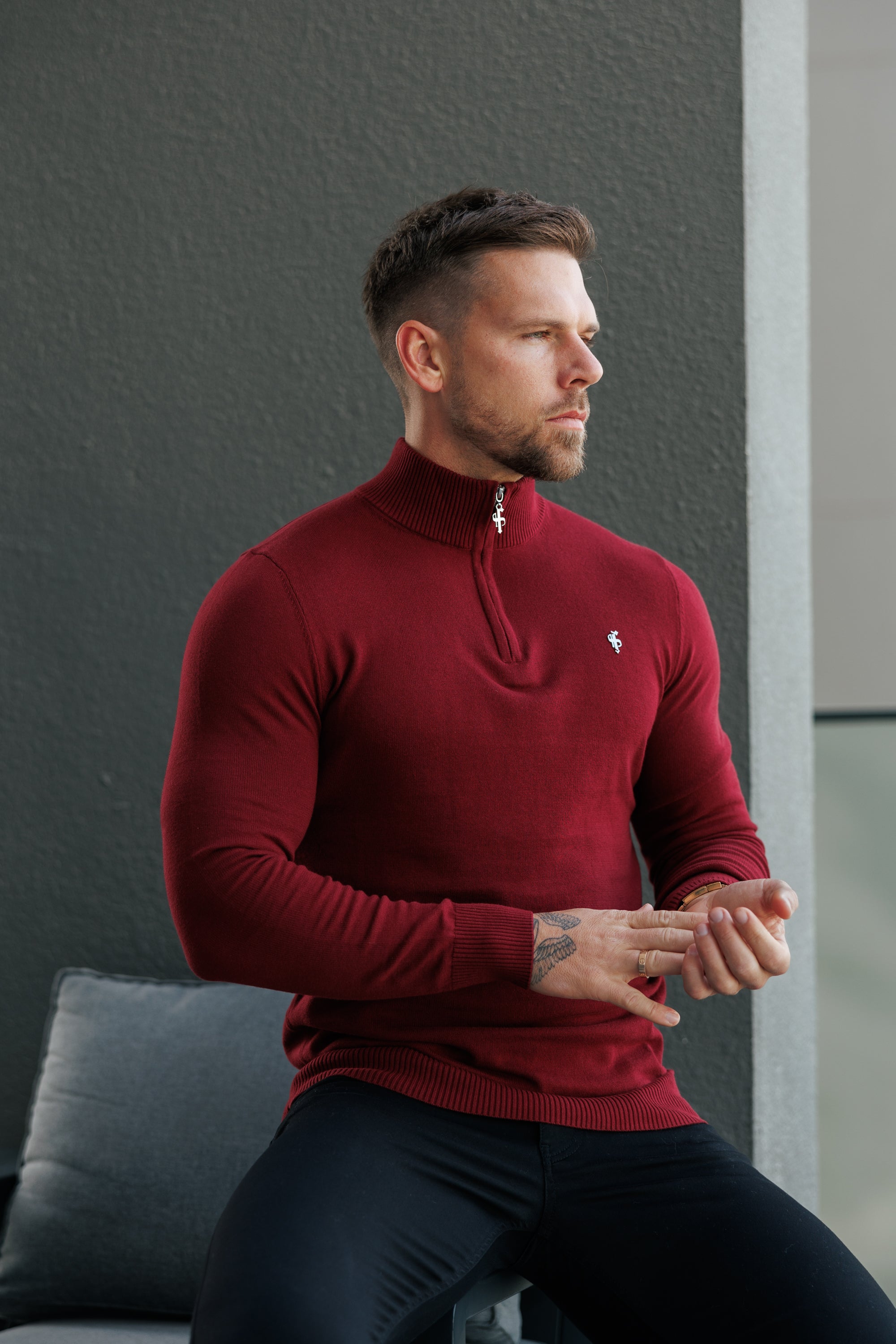 Brick Red Funnel Neck Knitted Jumper With FS Branding - FSN188