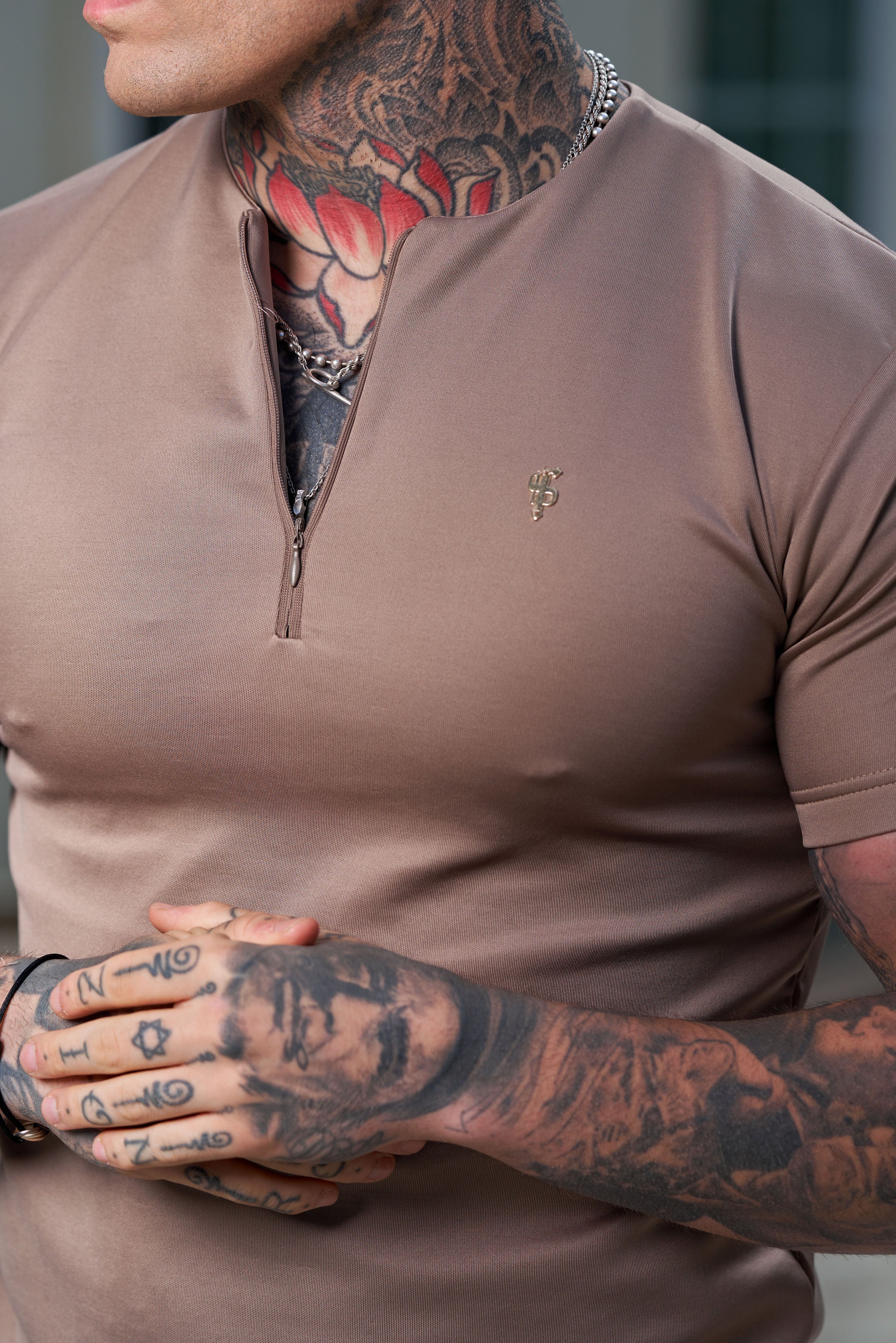 Scuba Taupe / Gold Crew T Shirt With Zip Detail Short Sleeve - FSH1030