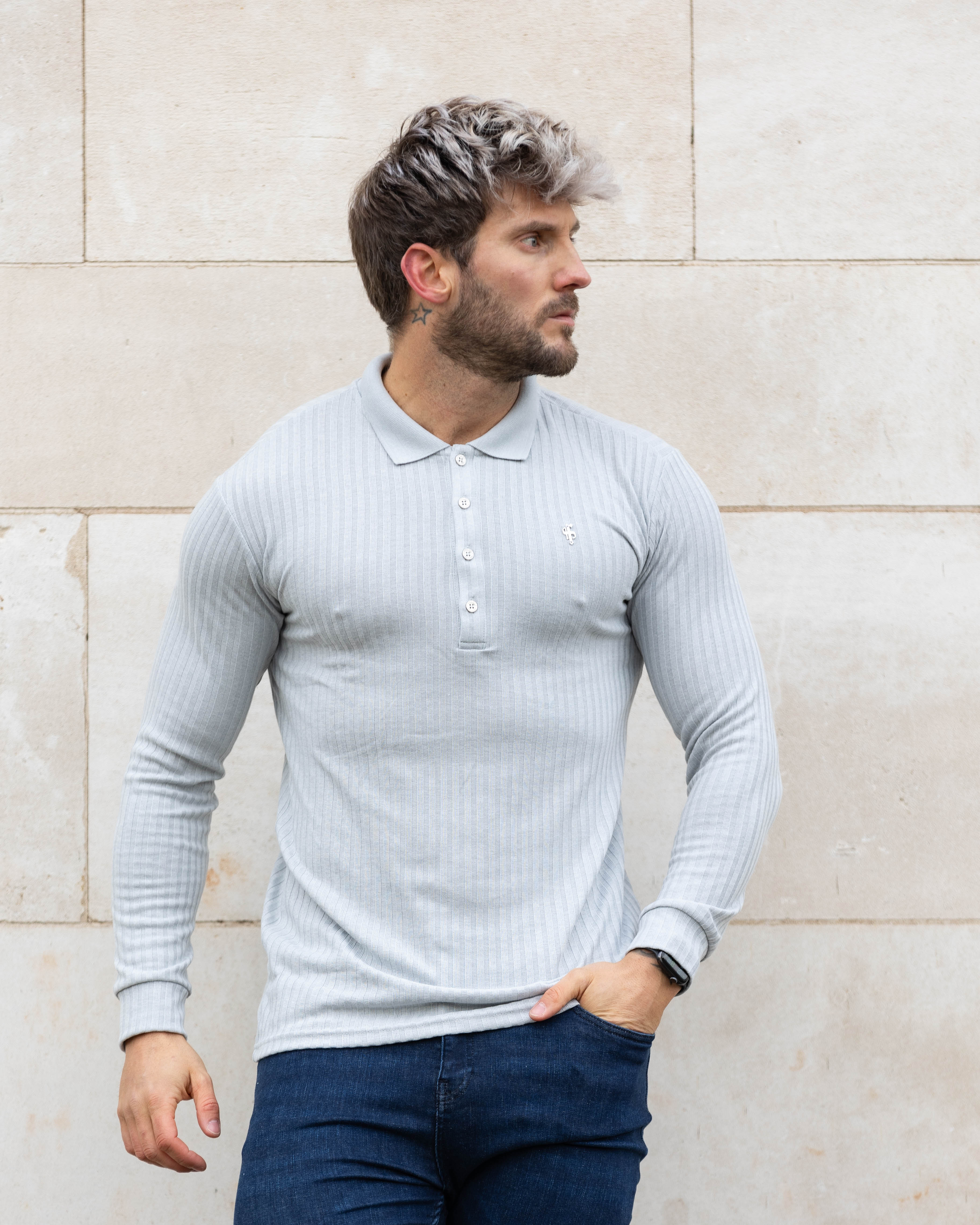 Classic Light Grey Ribbed Polo Shirt Long Sleeve With Silver Decal - FSH973