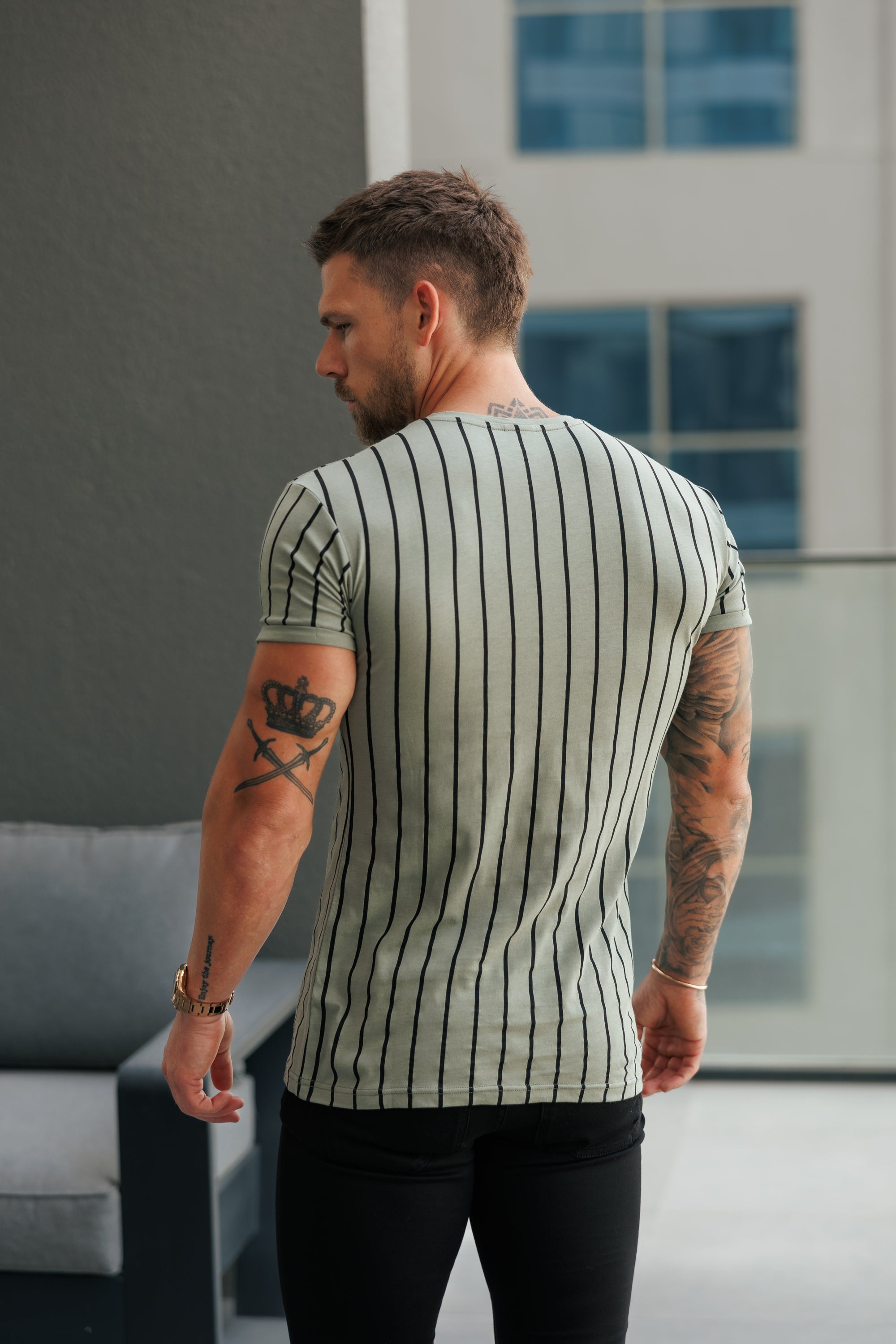Printed Olive / Black Stripe Fitted T Shirt - FSH1374