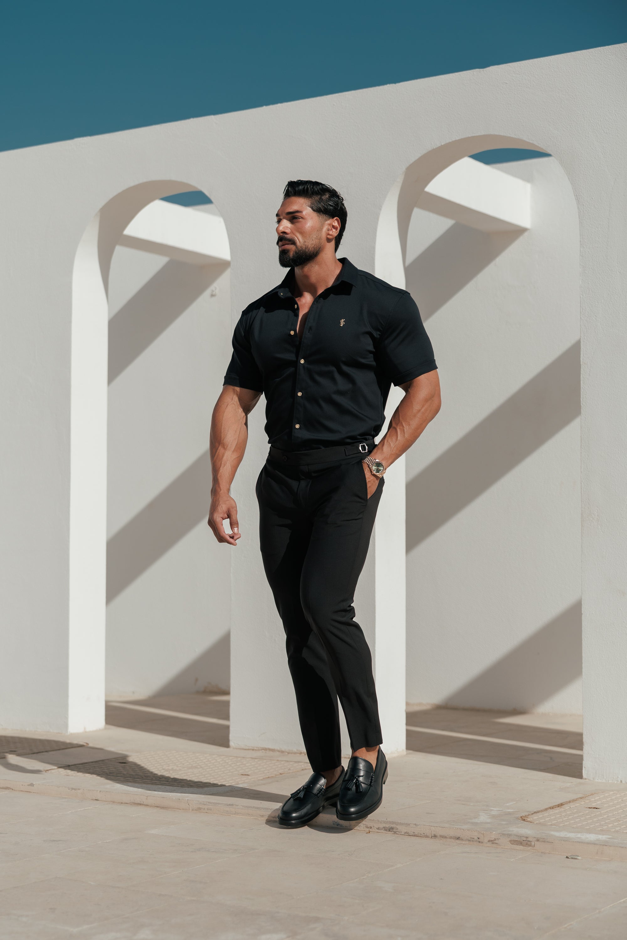 Super Slim Stretch Black Denim Short Sleeve with Gold Metal Decal and Buttons - FS1237