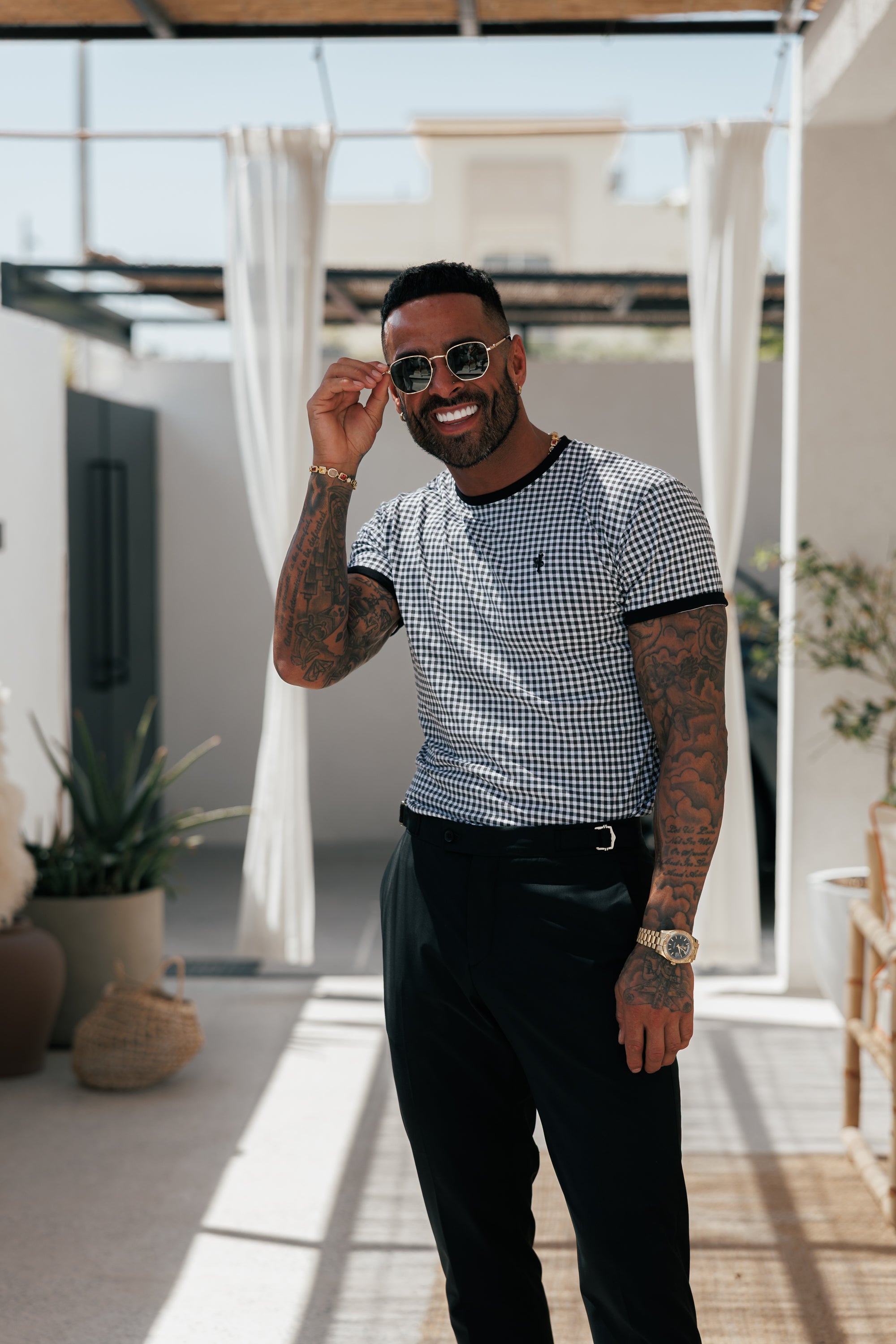 Printed Black / White Check Fitted T Shirt - FSH1238