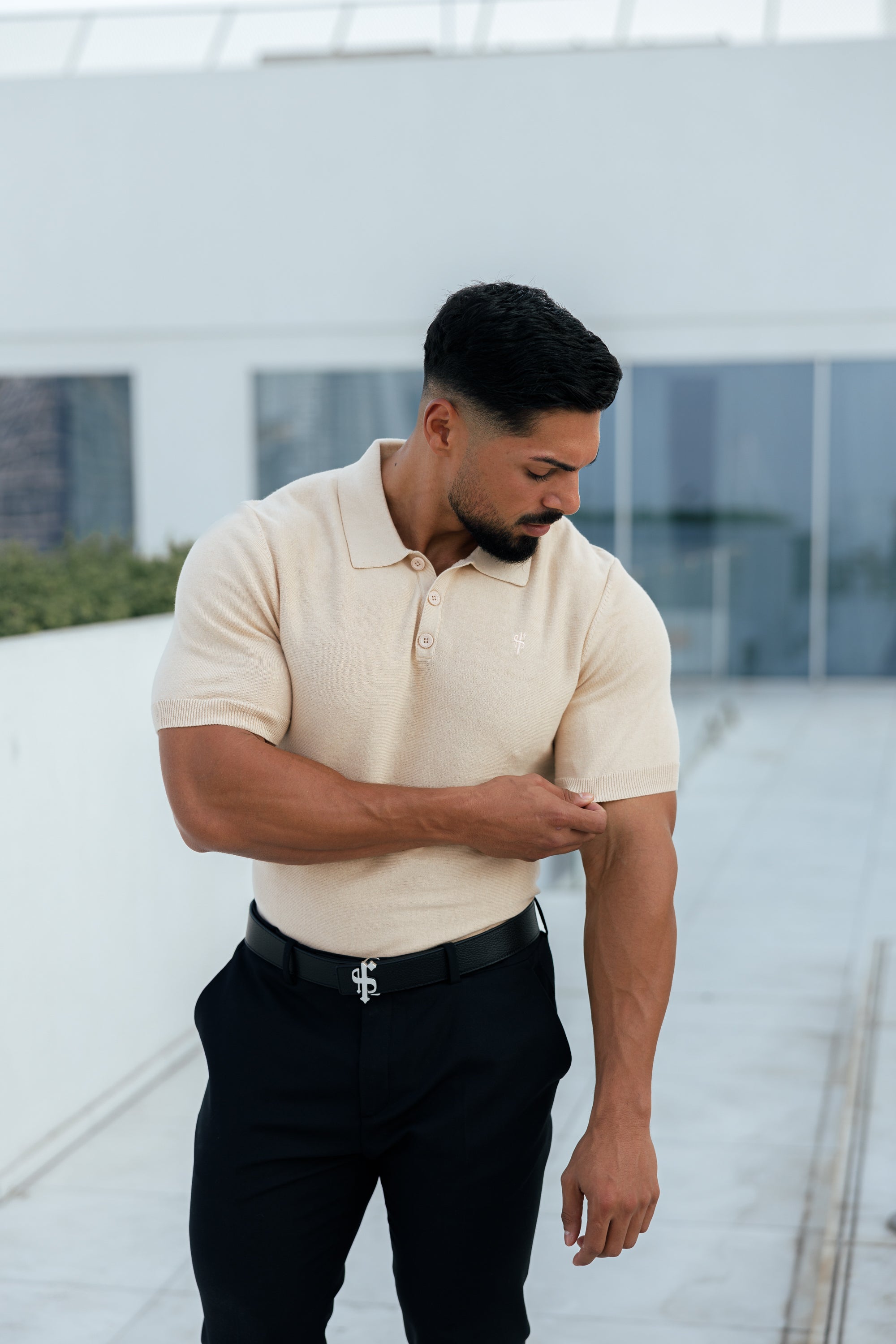 Classic Plain Beige Knitted Polo Short Sleeve - FSN111