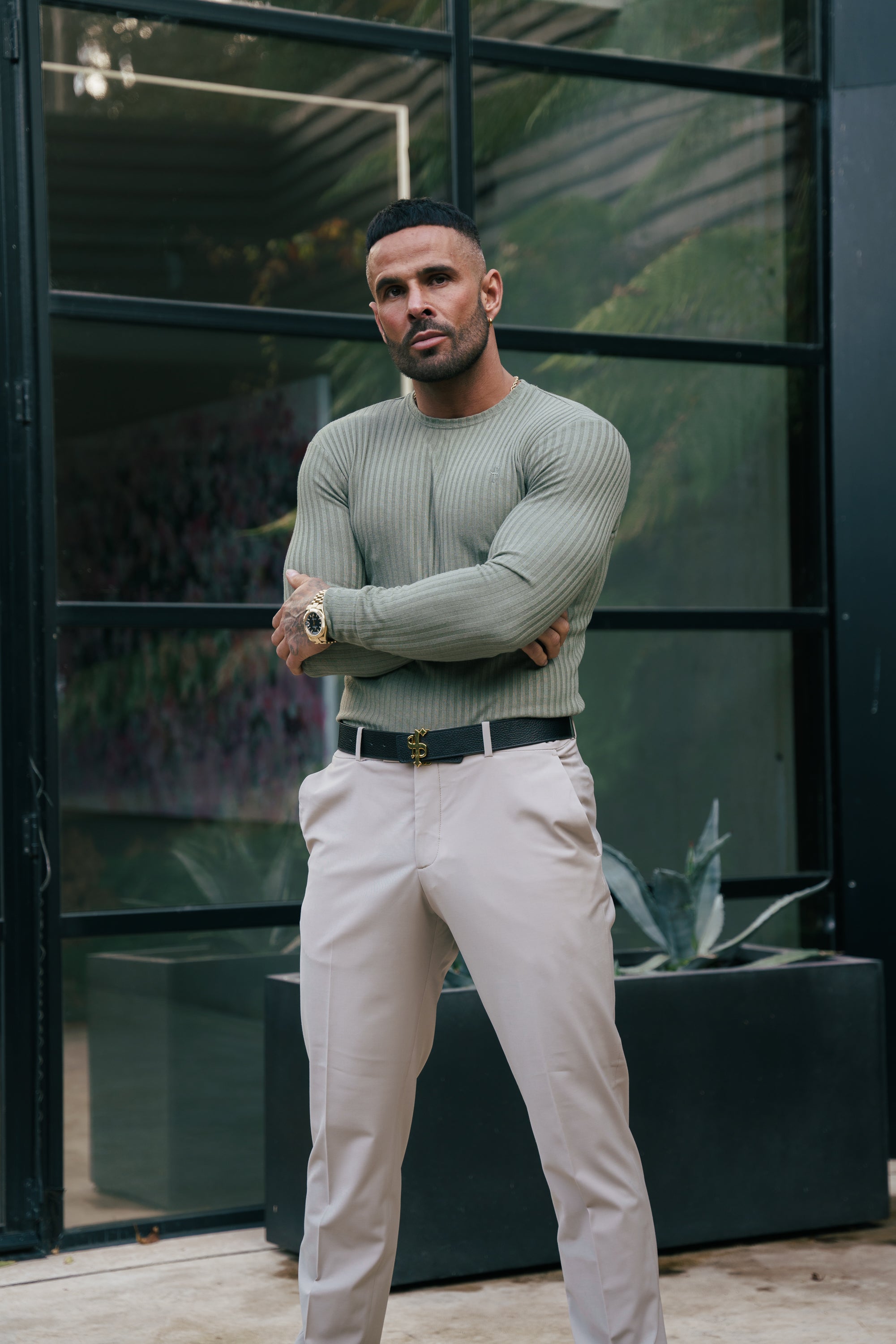 Classic Olive Ribbed Knit Jumper With Tonal Embroidery - FSH1285