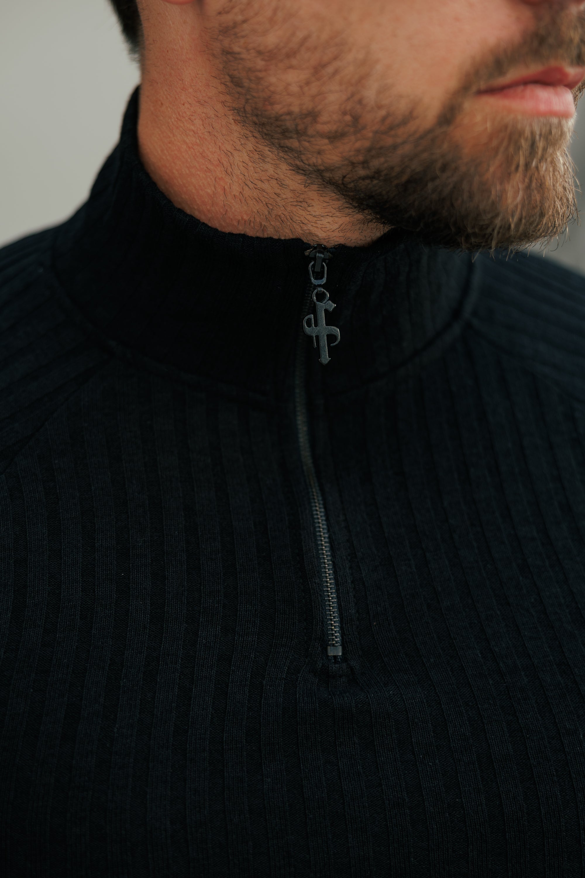 Super Slim Black Ribbed Zip Funnel Neck Raglan Long Sleeve Crew - FSH1265