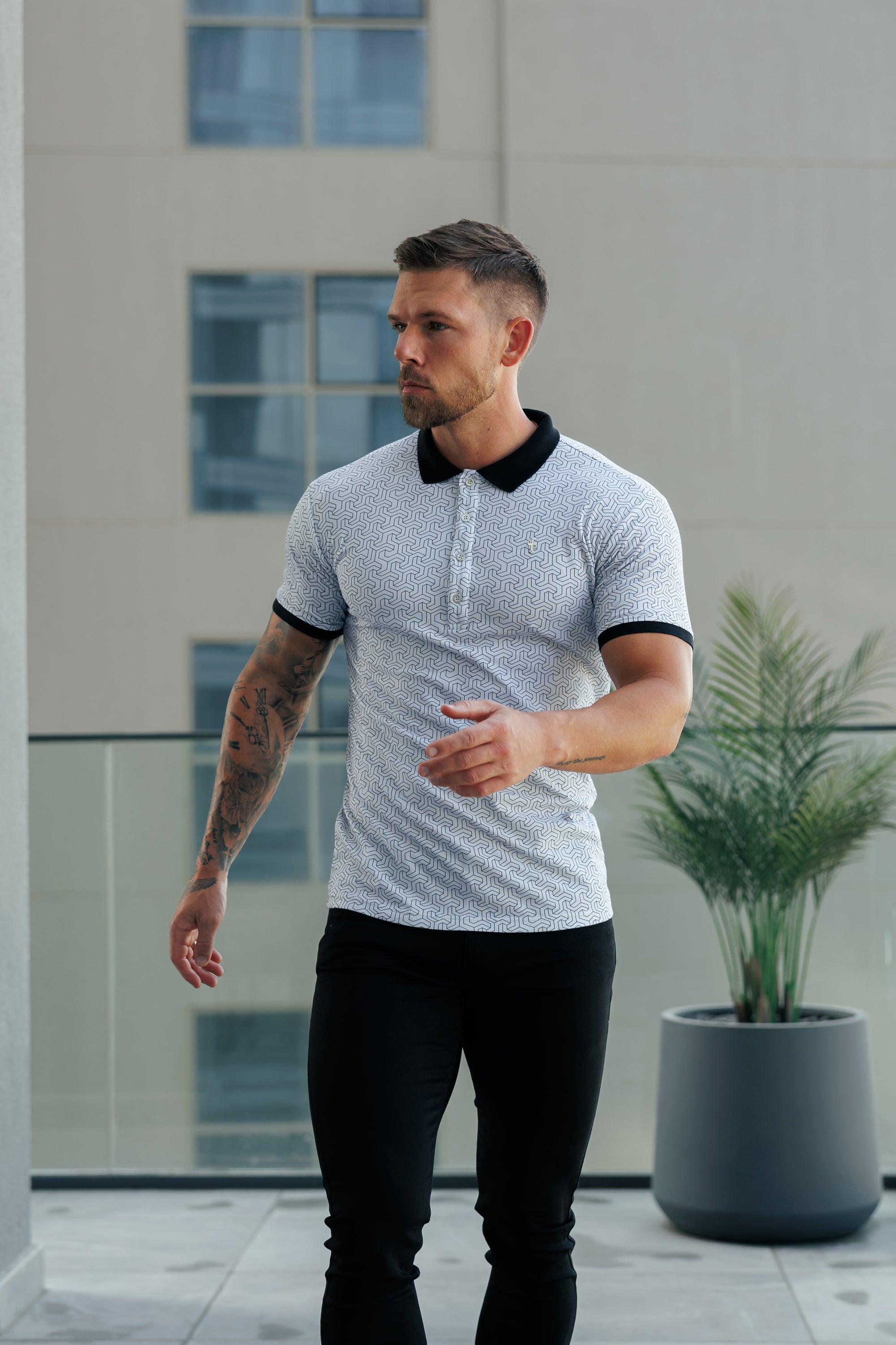 Grey / Black Geo Printed Polo Shirt - FSH1236