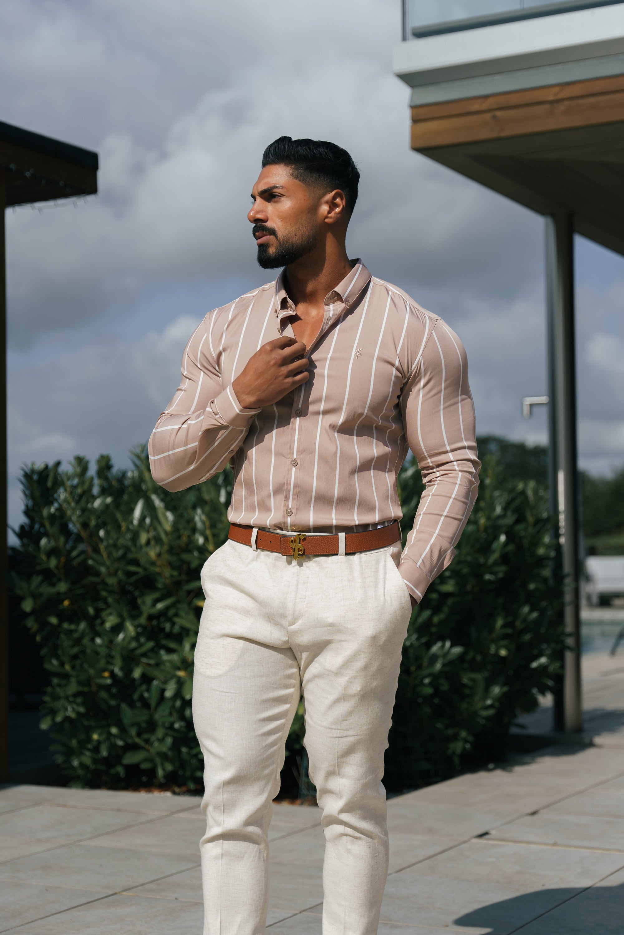 Super Slim Stretch Taupe Printed Wide Stripe Long Sleeve with Button Down Collar - FS1065