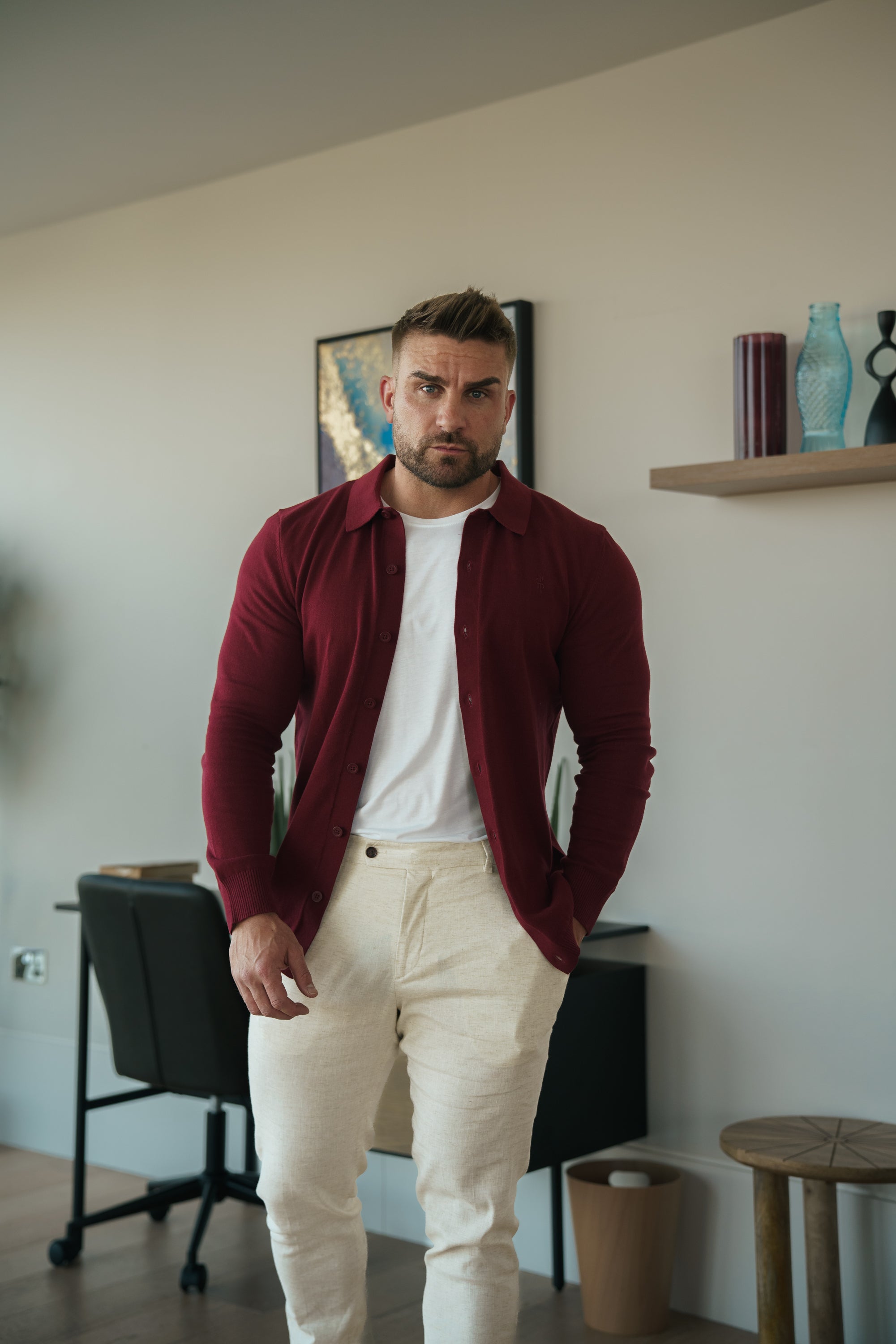 Classic Plain Burgundy Knitted Button Through Polo Long Sleeve - FSN214