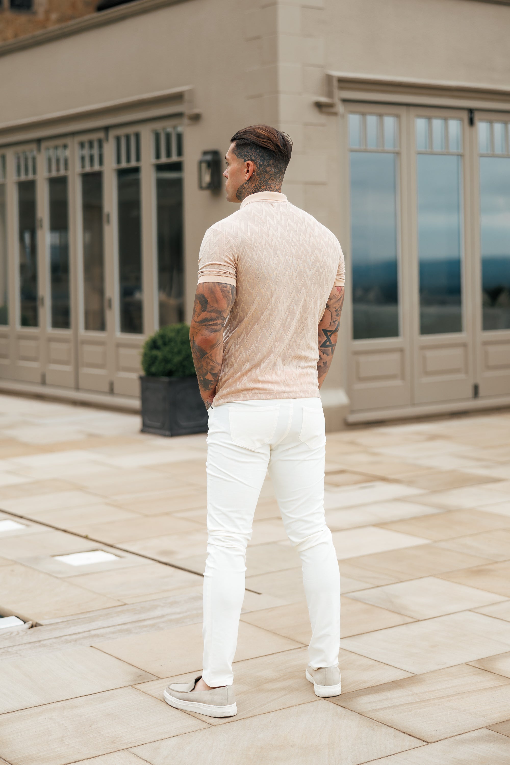 Classic Jacquard Beige Chevron Zipped Polo - FSR023