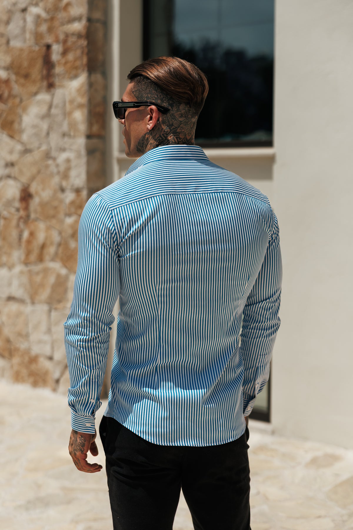 Super Slim Stretch Sateen Touch White / Blue Single Stripe Long Sleeve - FS1261