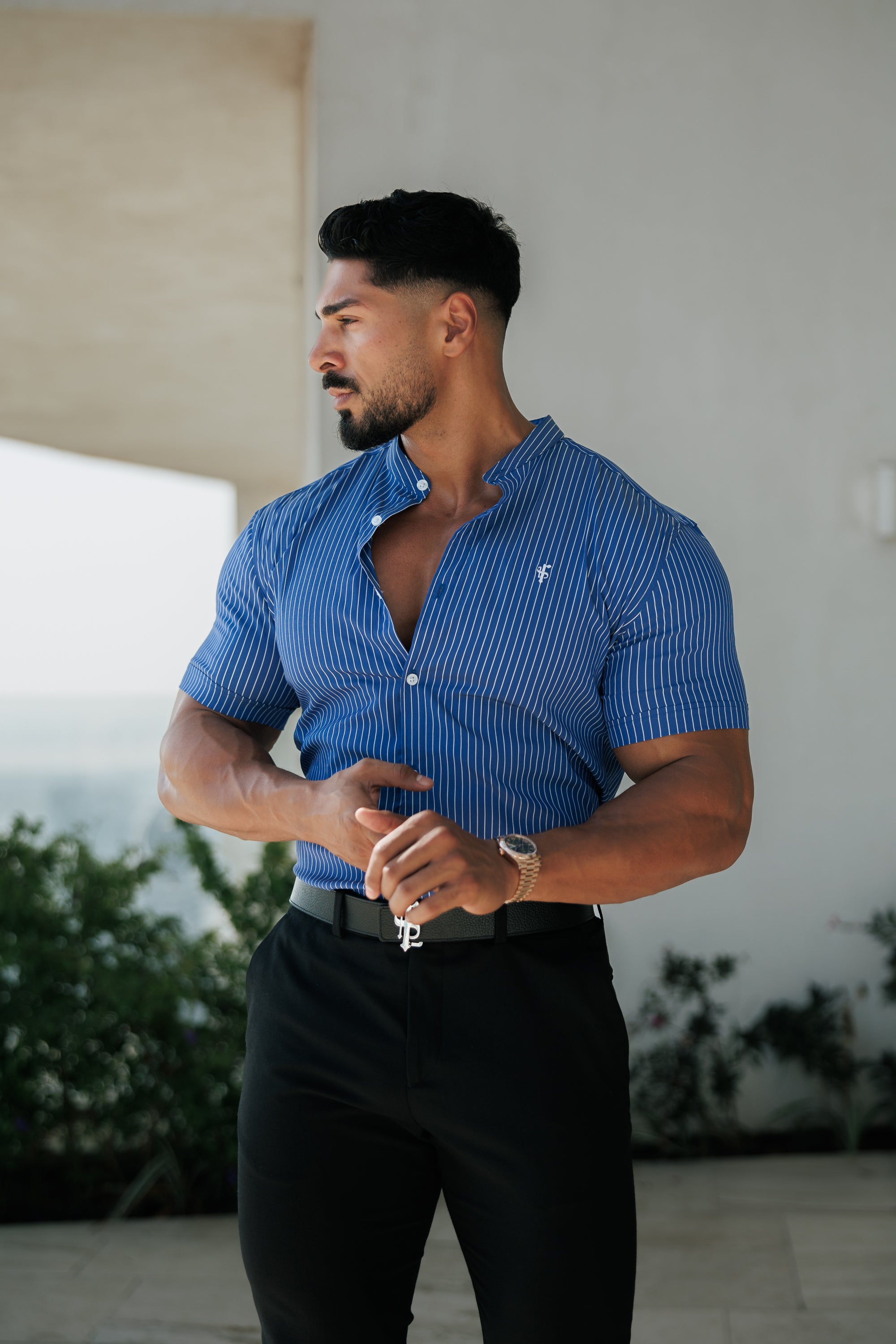 Super Slim Stretch Ocean Blue Printed Pinstripe Short Sleeve with Grandad Collar - FS1064