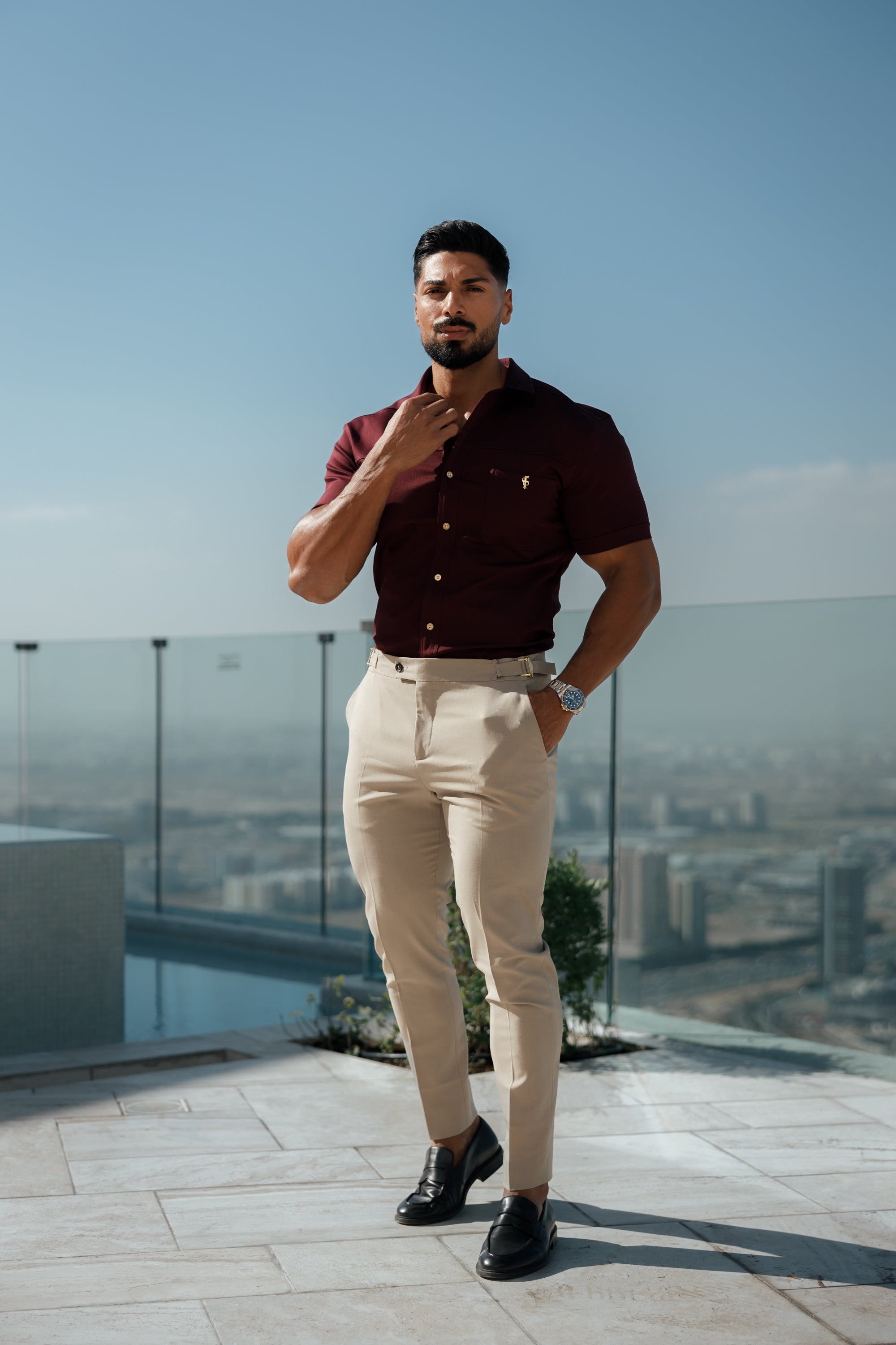 Super Slim Stretch Burgundy Denim Short Sleeve with Horizontal Seam and Pocket- FS961