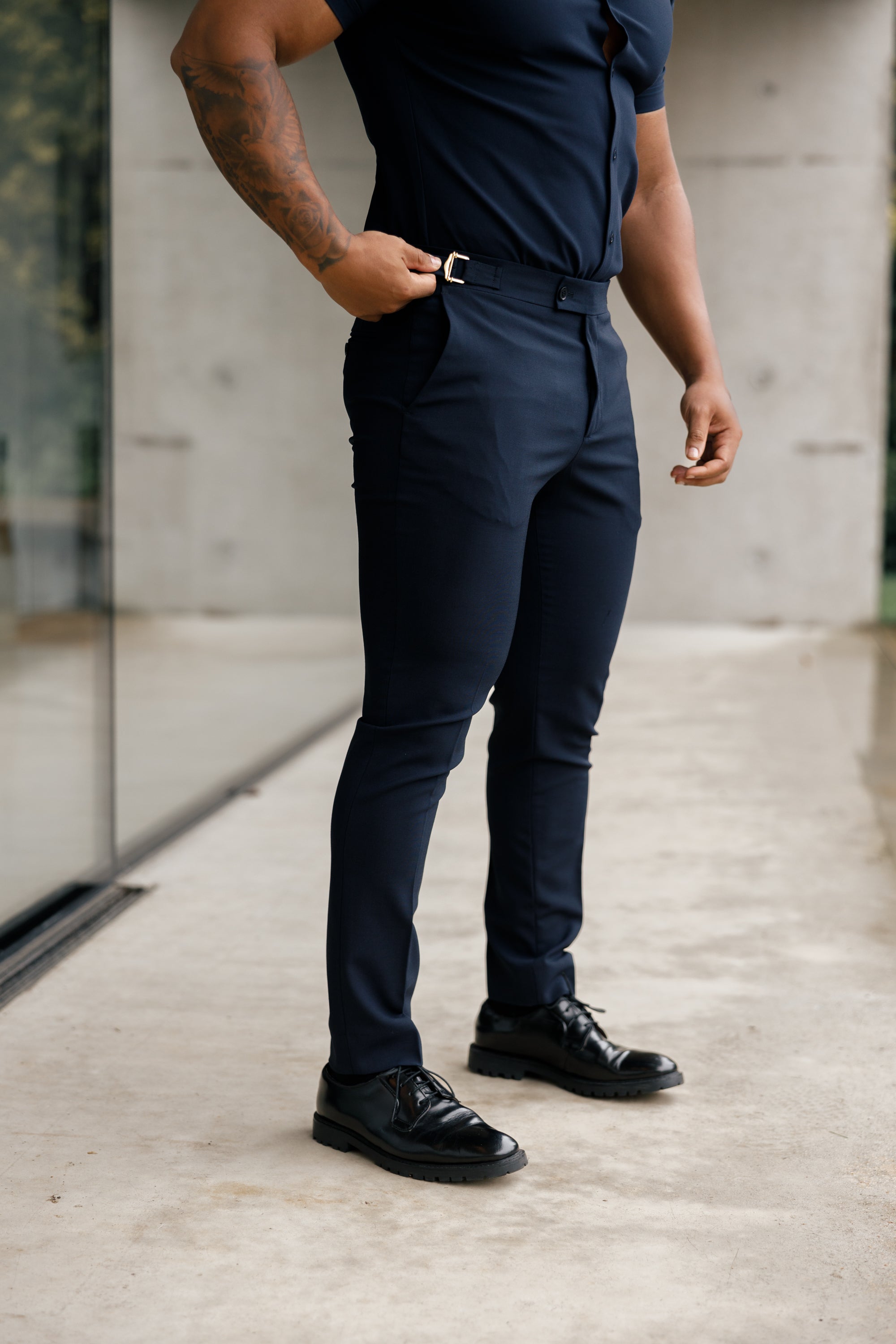 Slim Formal Navy Stretch Trousers With Gold Waist Adjusters - FST016