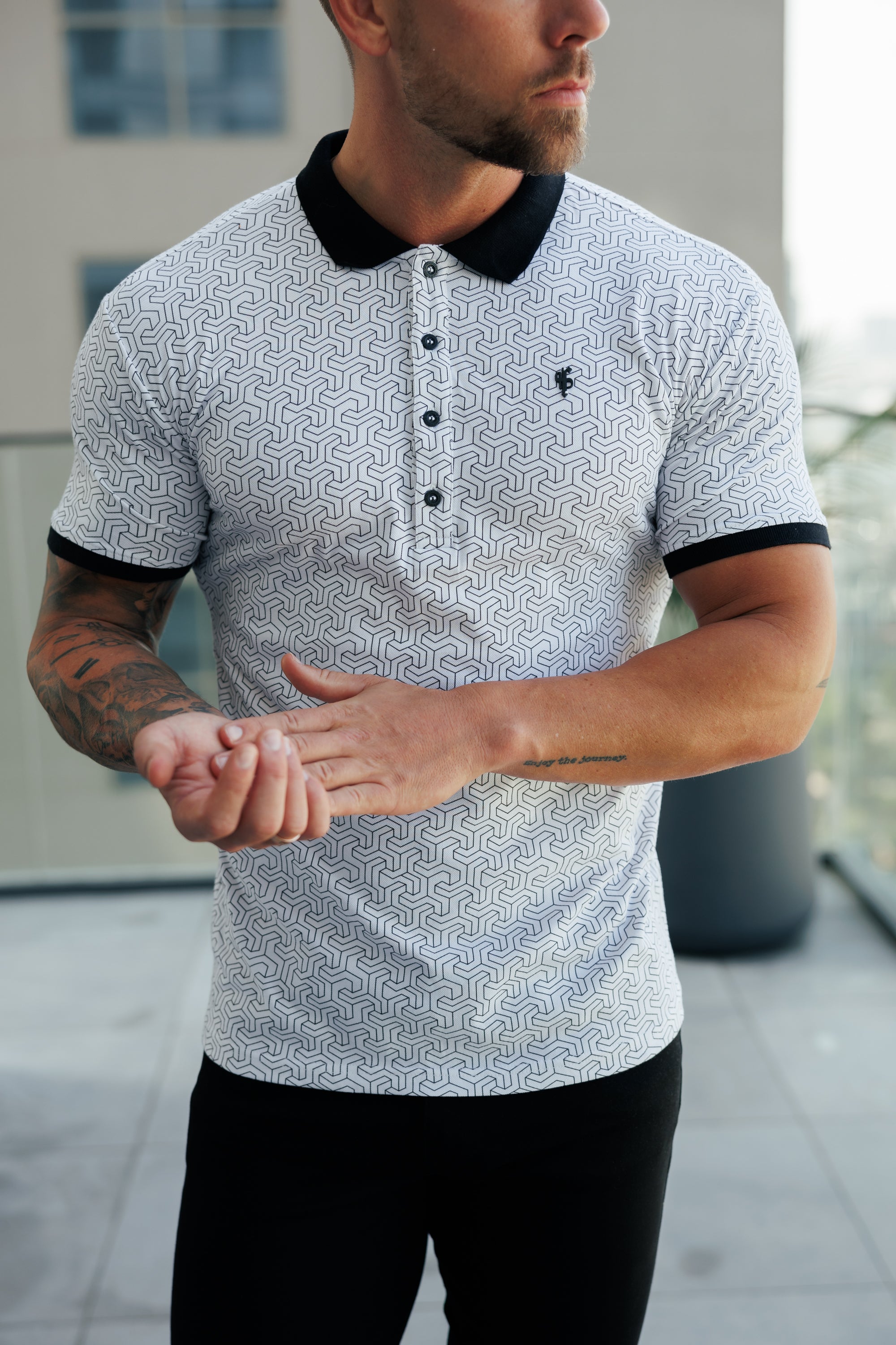 White / Black Geo Printed Polo Shirt - FSH1233