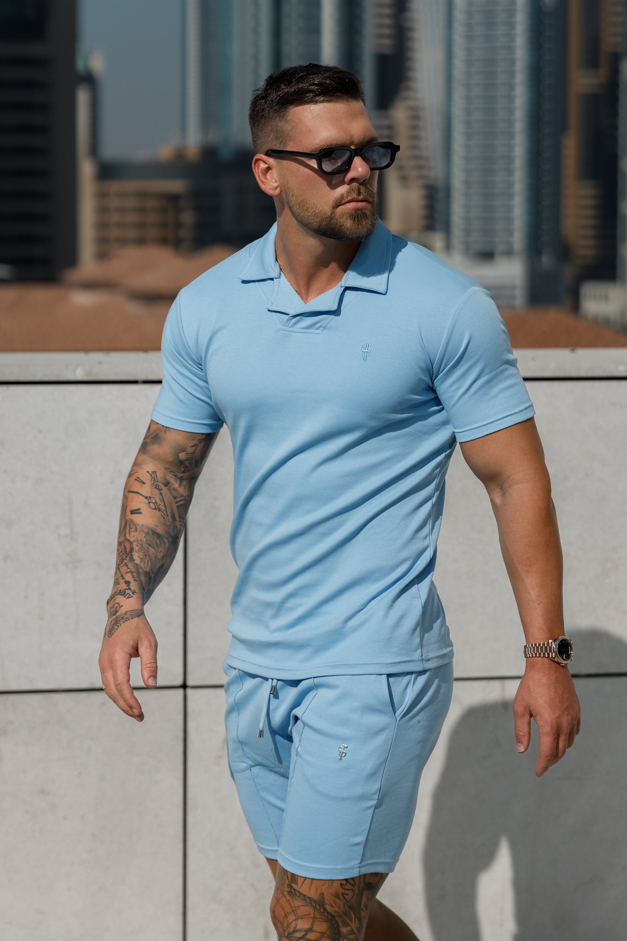 Classic Baby Blue Polo Shirt With Revere Collar - FSH1064