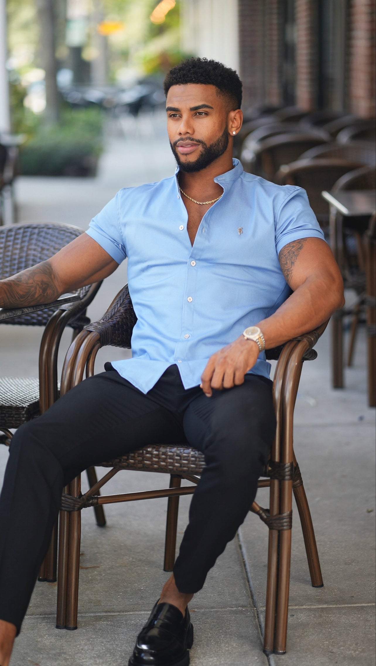 Super Slim Stretch Light Blue Denim Short Sleeve Grandad collar with Silver Metal Buttons and Decal Emblem - FS718