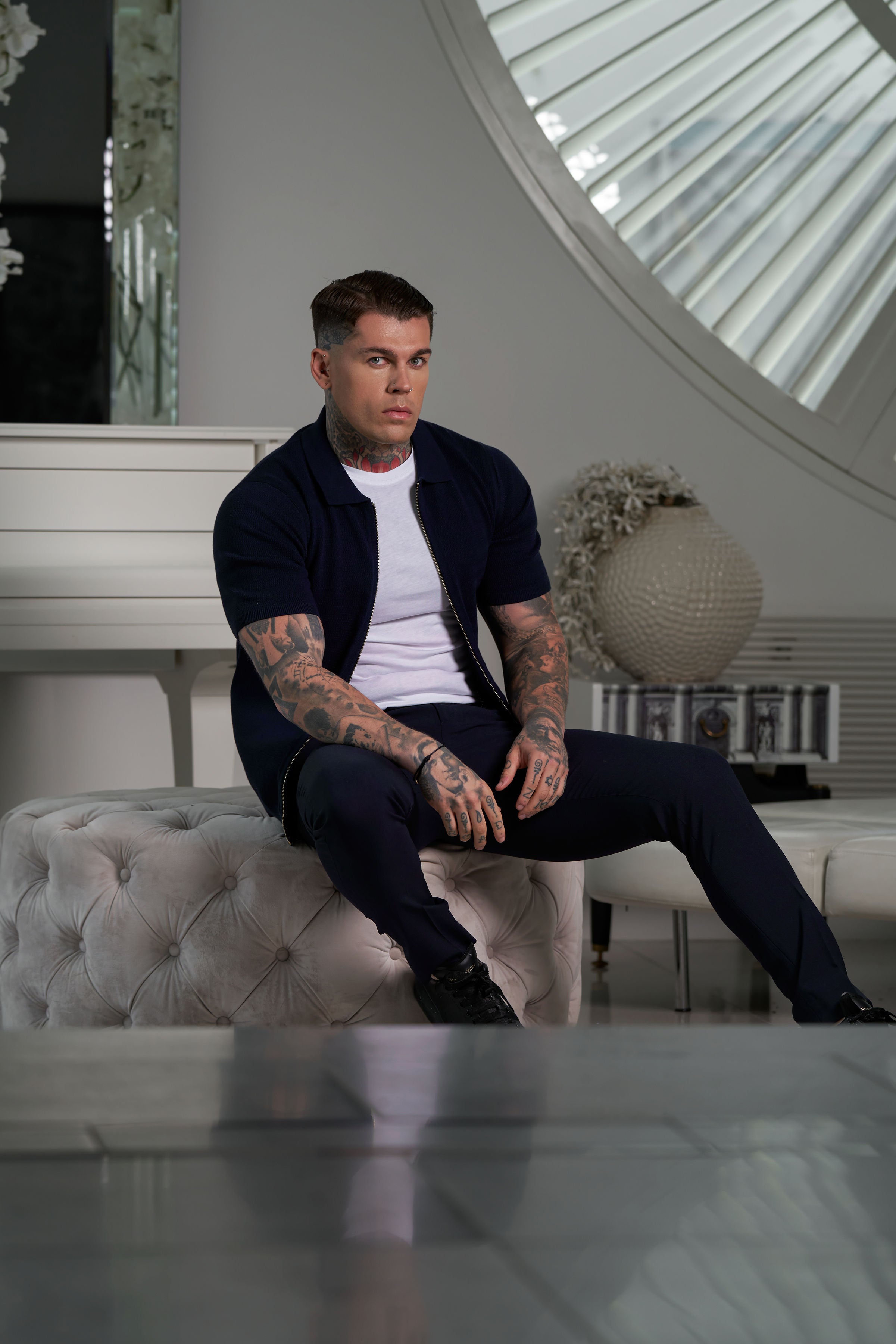 Classic Knitted Textured Design With Full Length Zip Navy Short Sleeve - FSN153