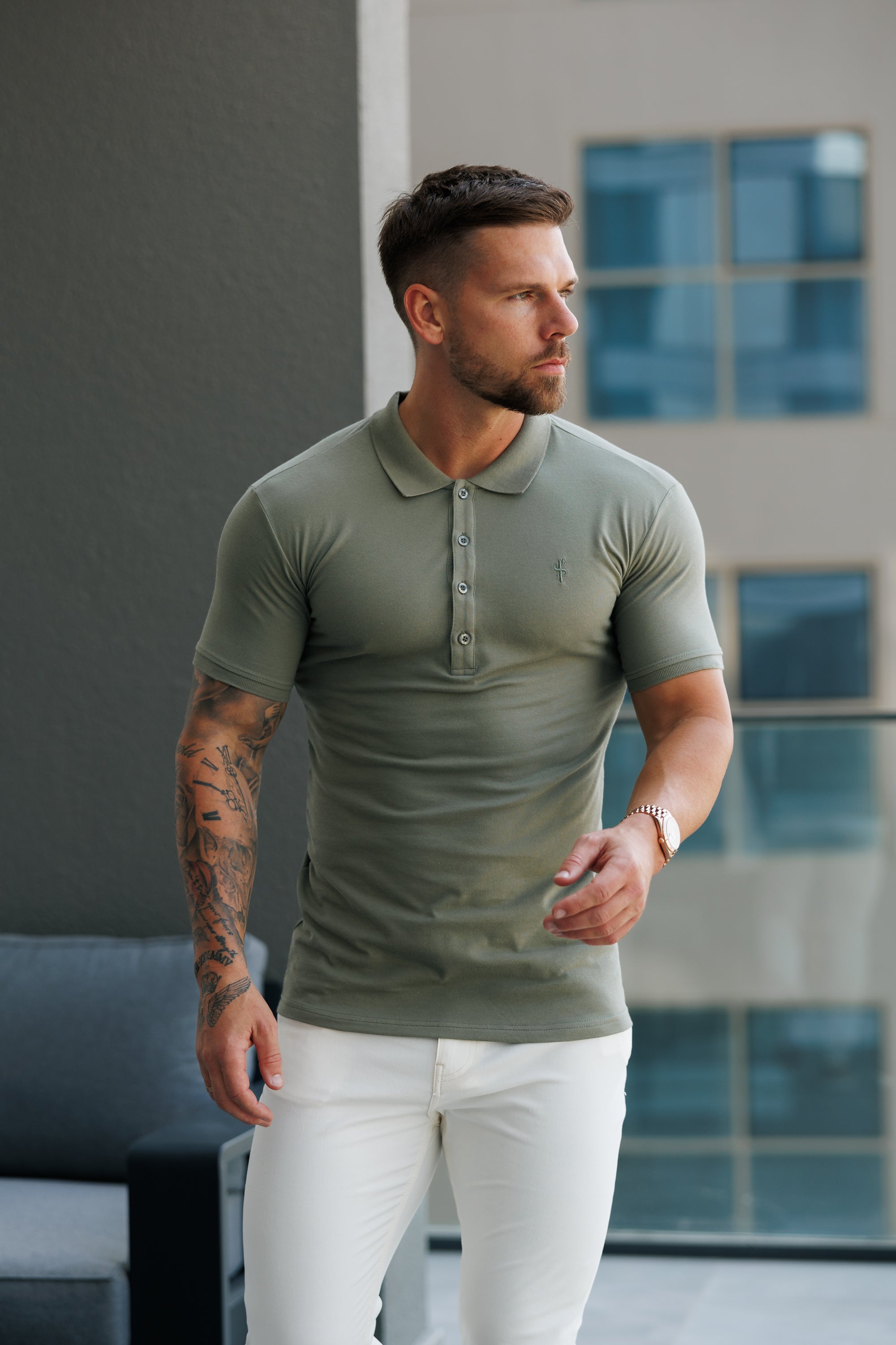 Classic Olive Polo Shirt with Tonal Button and Embroidery - FSH1269