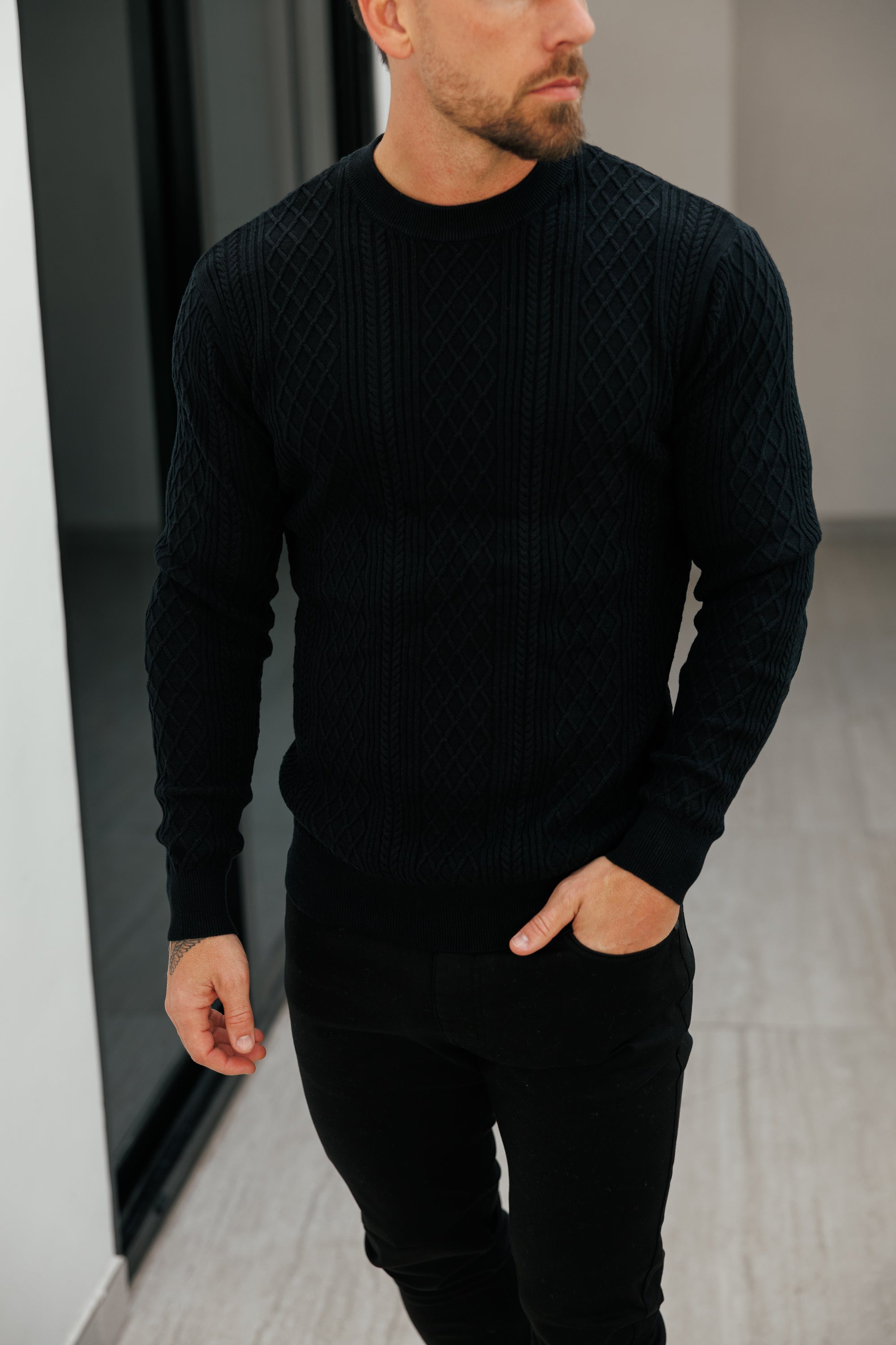 Fine Knit Diamond Black Jumper Long Sleeve - FSA006
