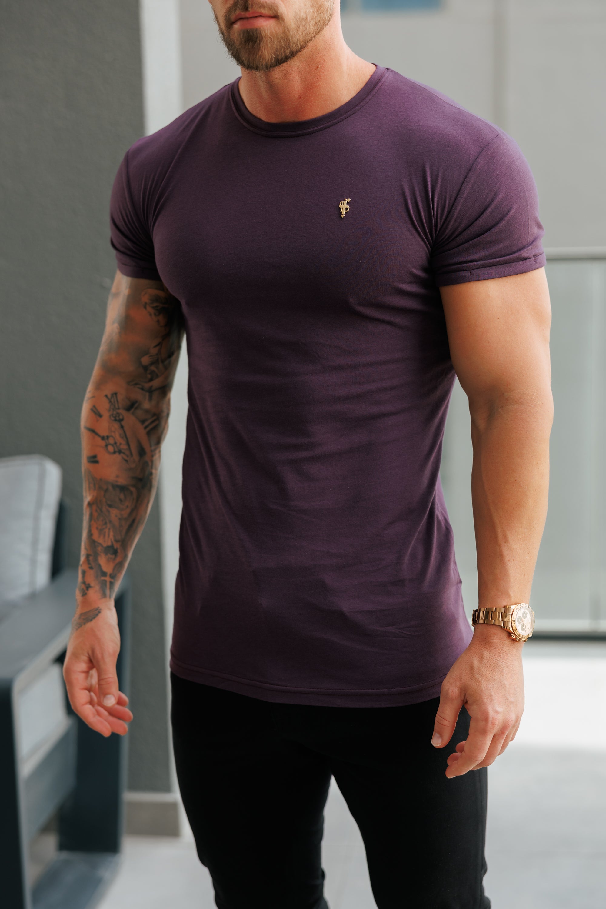 Plum / Gold Bamboo Crew T Shirt - FSH1218