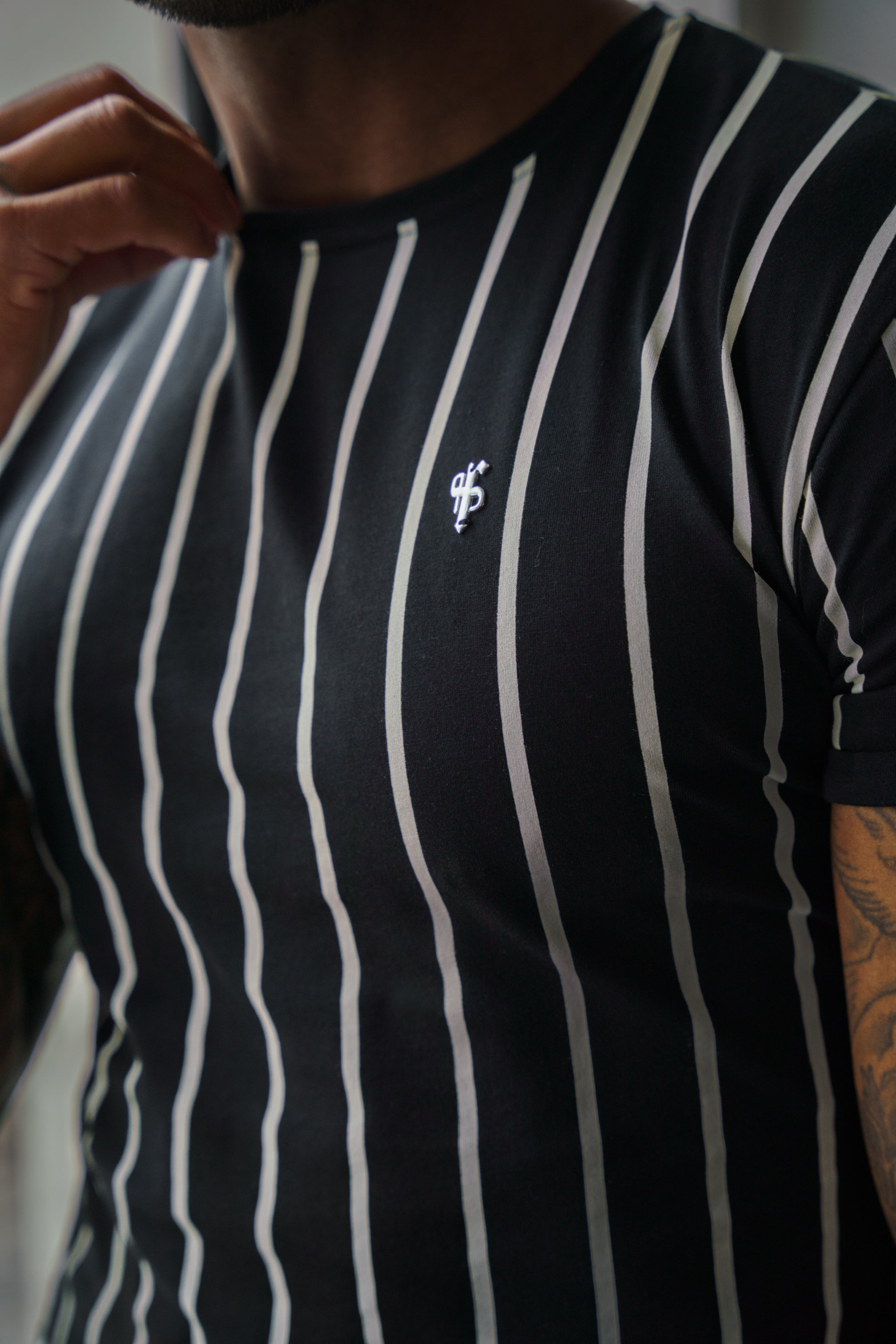 Printed Black / White Stripe Fitted T Shirt - FSH1167