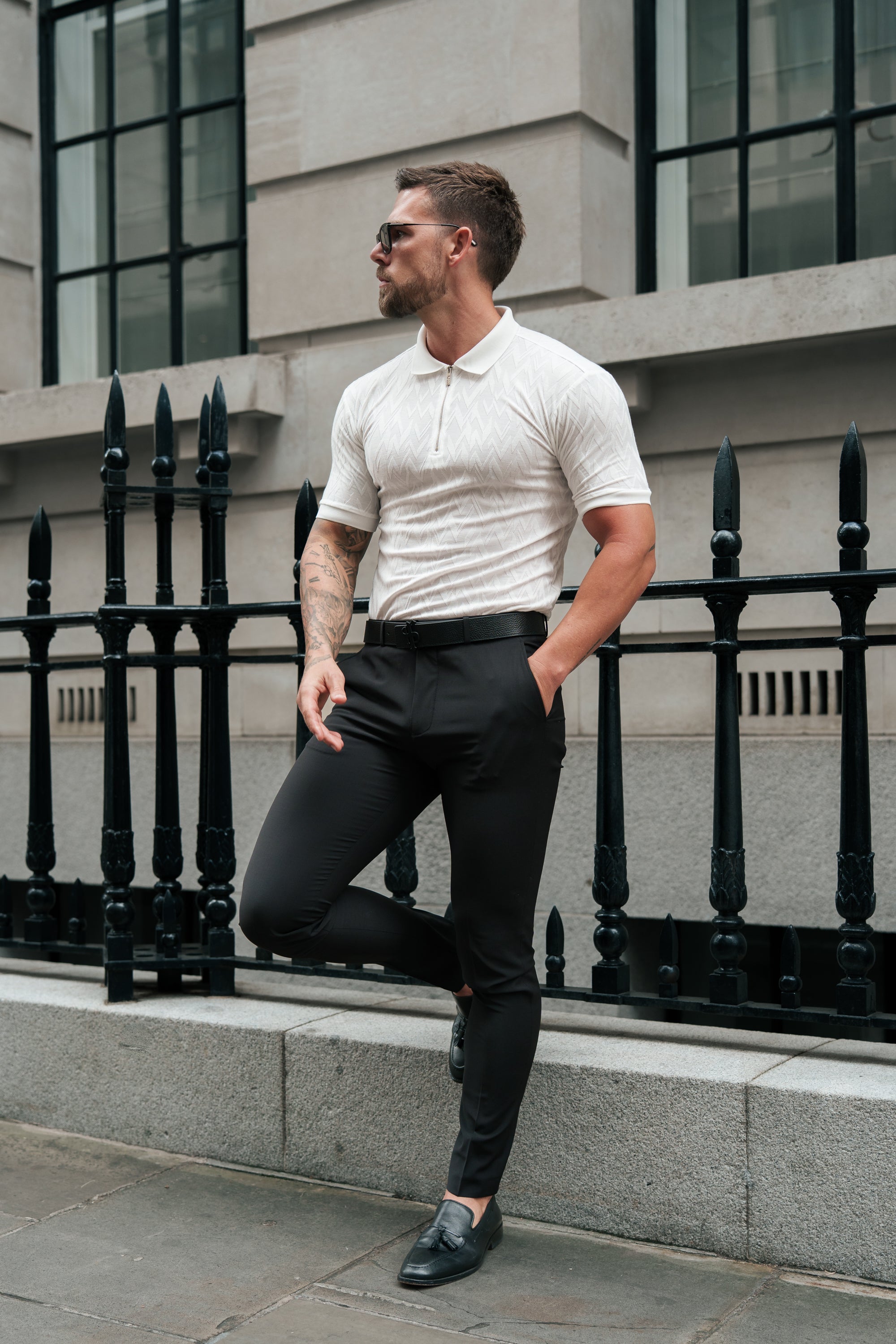 Classic Jacquard White Chevron Zipped Polo - FSR020