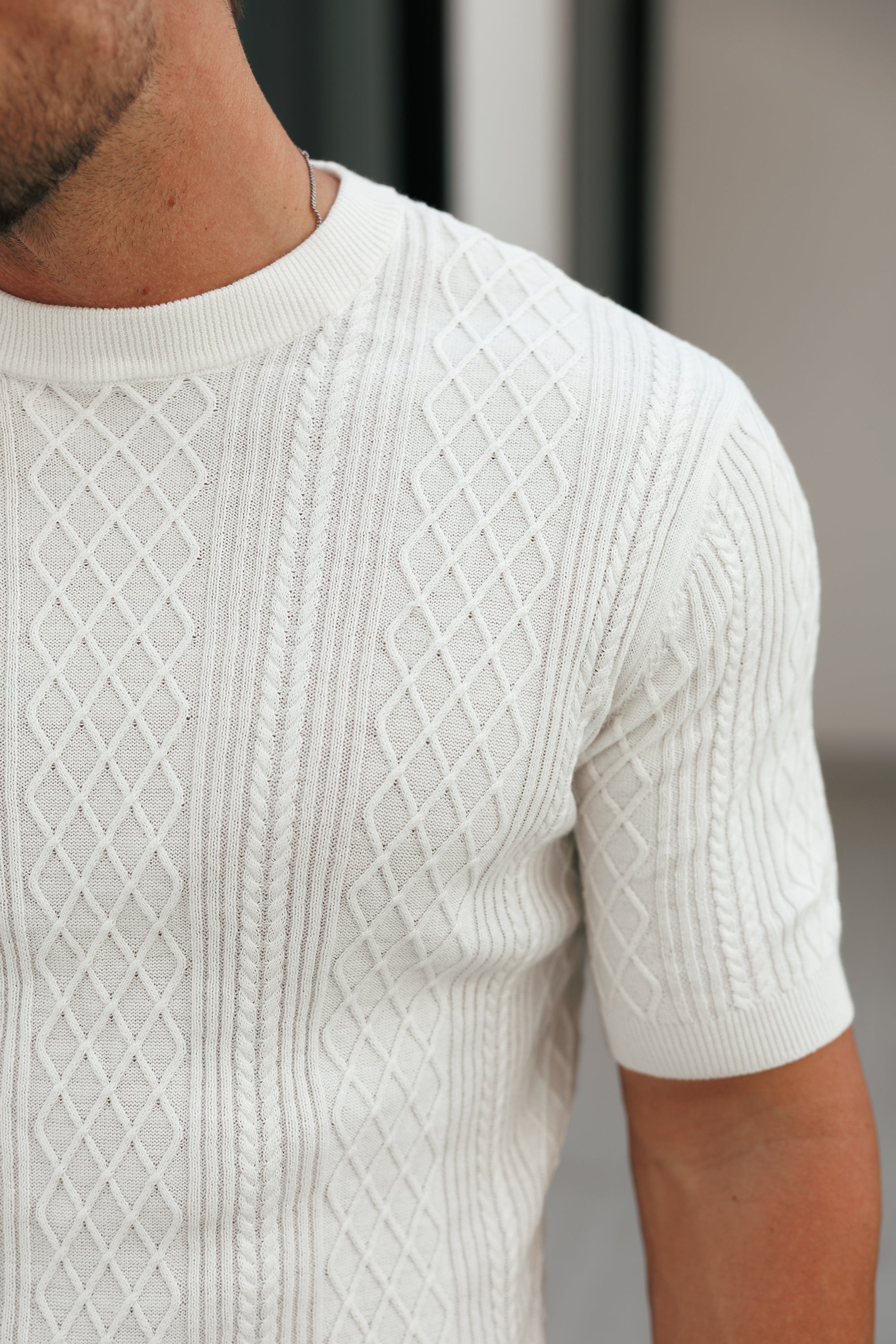 Fine Knit Diamond Off White Jumper Short Sleeve - FSA009